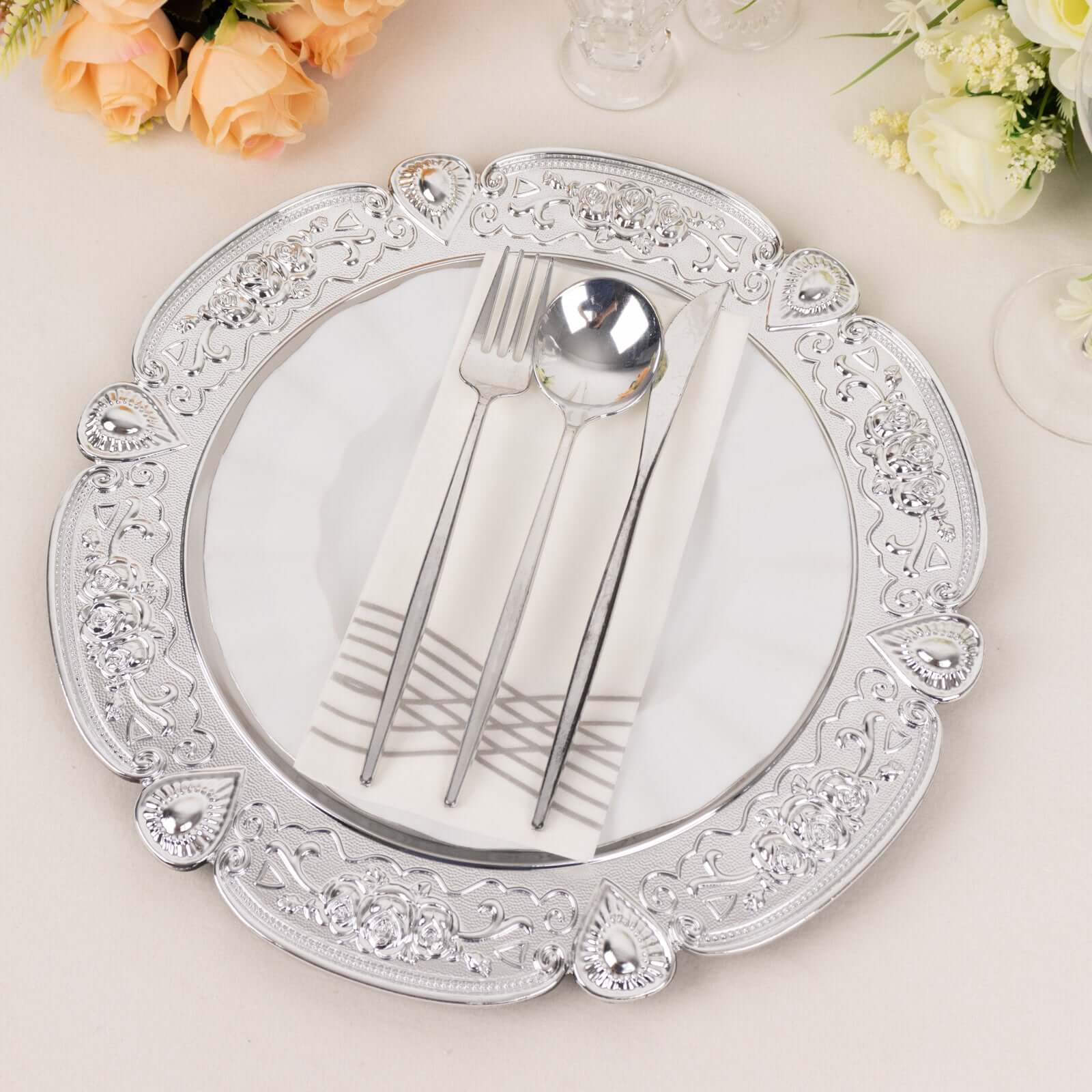 6-Pack Acrylic Charger Plates 13" Round Silver Floral Embossed with Scalloped Rim - Plastic Decorative Charger Tableware - Image 2