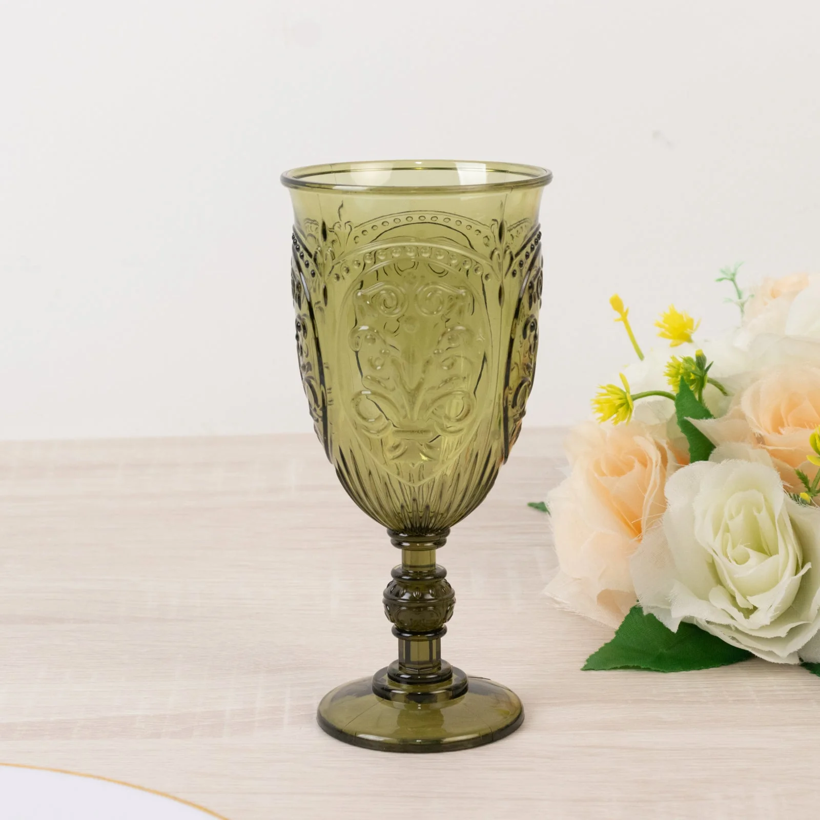 24-Pack Plastic Vintage Goblets – 10oz Transparent Dusty Sage Green Retro Embossed Wine Glasses, Elegant Water & Juice Cups - 7" Tall - Image 2