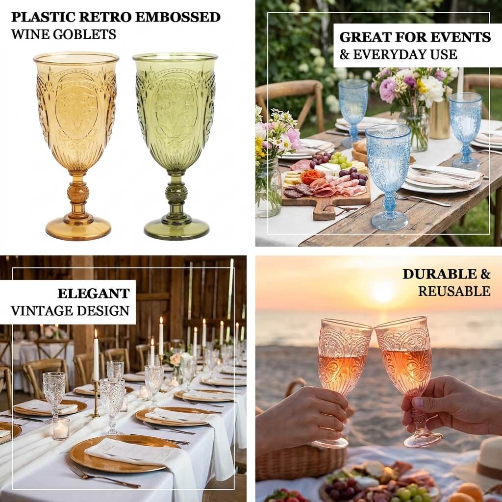 24-Pack Plastic Vintage Goblets – 10oz Transparent Dusty Sage Green Retro Embossed Wine Glasses, Elegant Water & Juice Cups - 7" Tall - Image 4