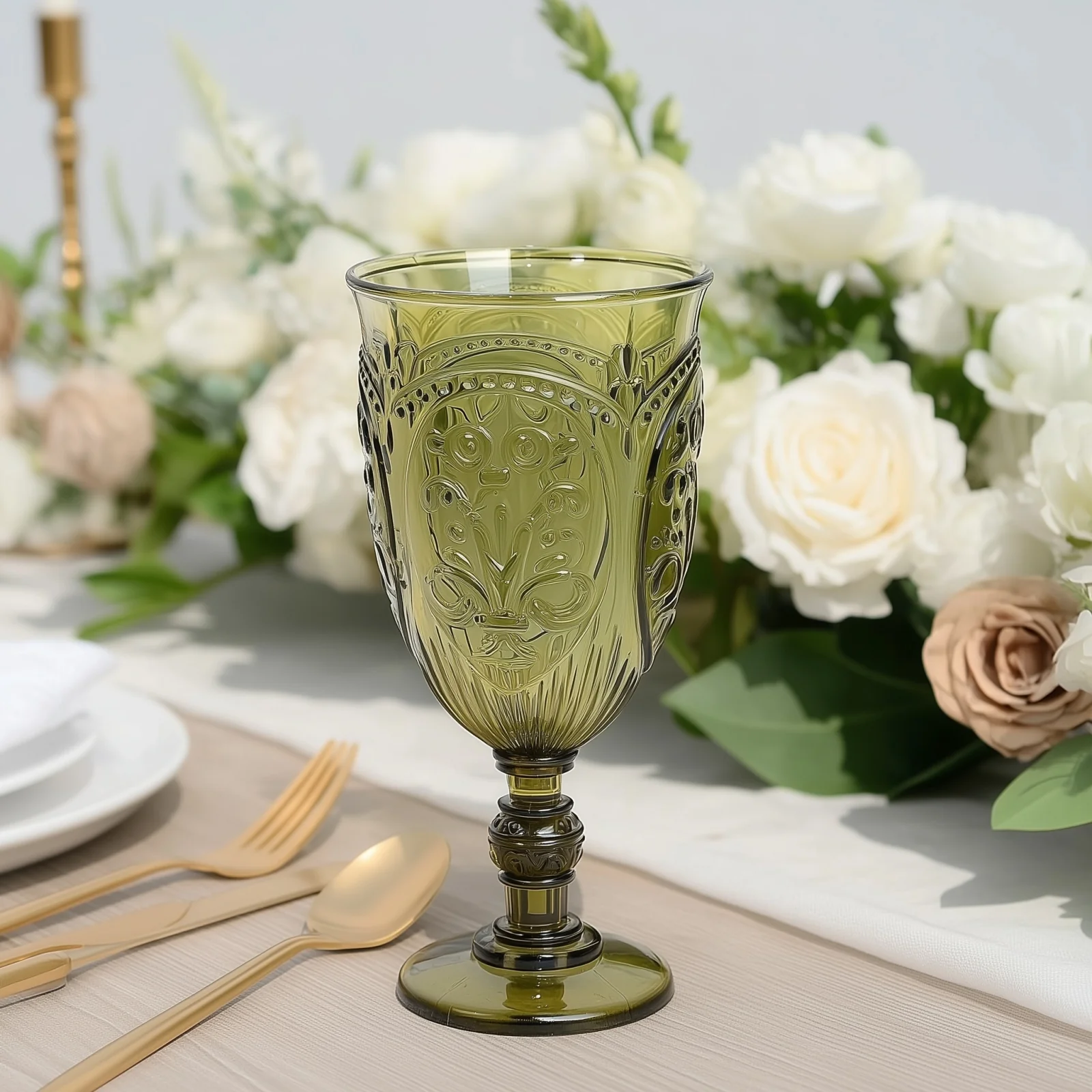 24-Pack Plastic Vintage Goblets – 10oz Transparent Dusty Sage Green Retro Embossed Wine Glasses, Elegant Water & Juice Cups - 7" Tall - Image 6