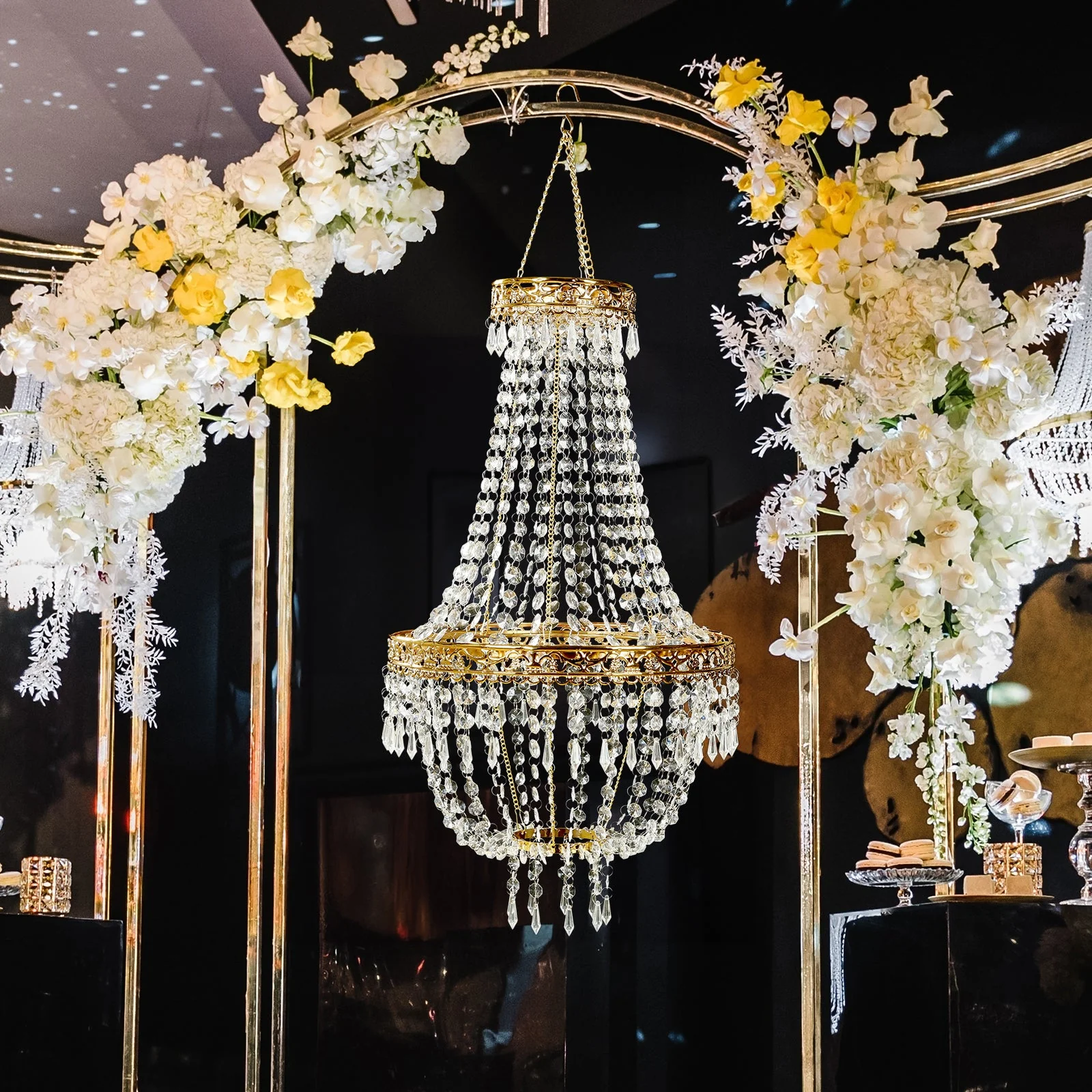 Empire Style Beaded Crystal Chandelier with Gold Ornate Metal Frame, Adjustable Hanging Farmhouse Pendant Ceiling Lighting - 3ft