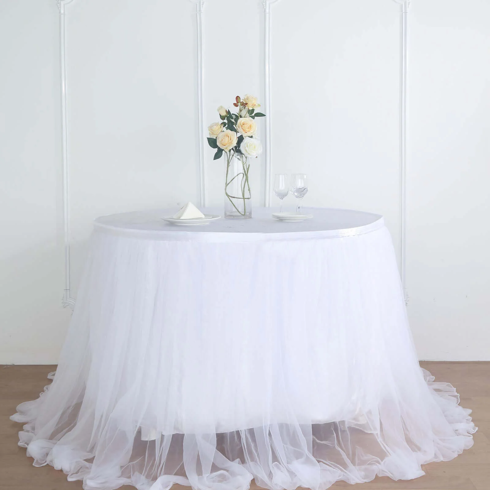 Extra Long Tulle Table Skirt 14ft White with Satin Edge for Baby Showers & Events Table Cover - Image 11