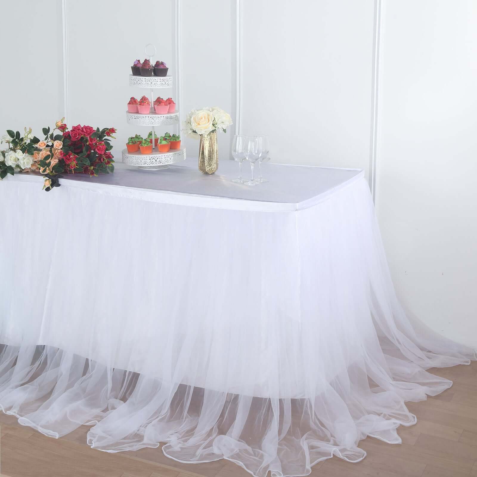 Extra Long Tulle Table Skirt 14ft White with Satin Edge for Baby Showers & Events Table Cover - Image 16