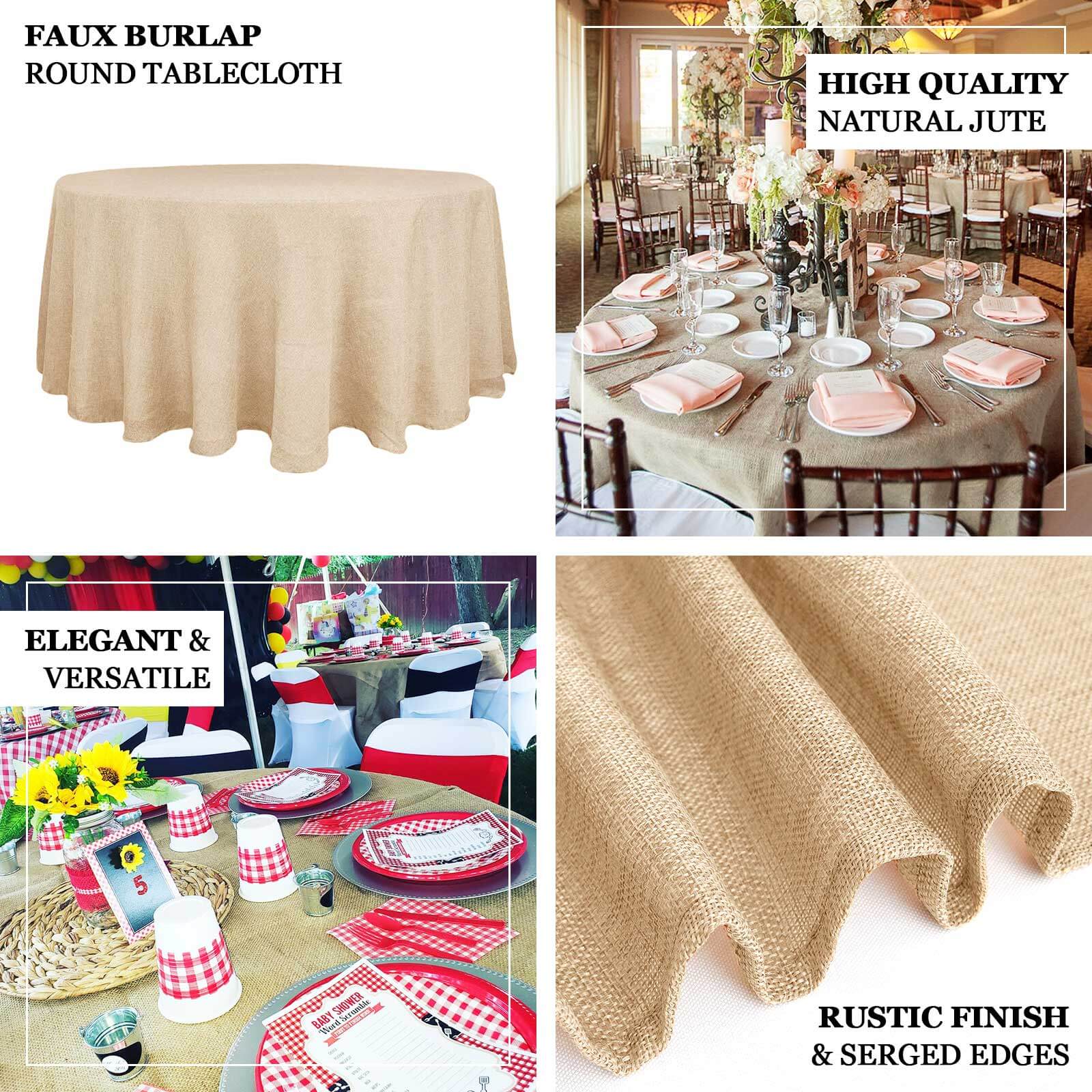 Faux Burlap Jute Round Tablecloth 108" Natural - Rustic Table Linen for Events - Image 3