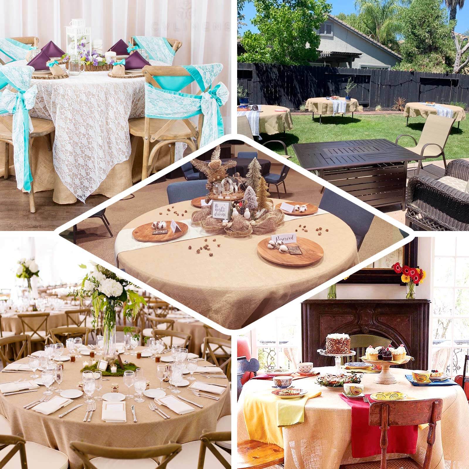 Faux Burlap Jute Round Tablecloth 108" Natural - Rustic Table Linen for Events - Image 4