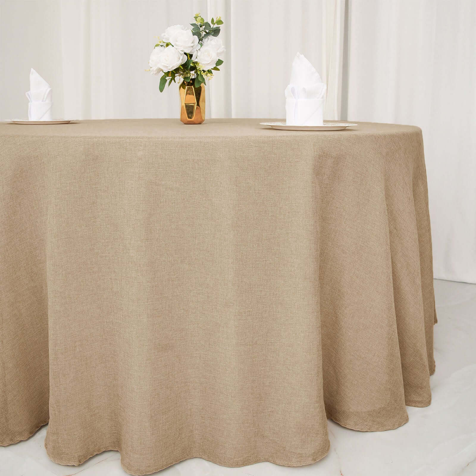 Faux Burlap Jute Round Tablecloth 108" Natural - Rustic Table Linen for Events - Image 5