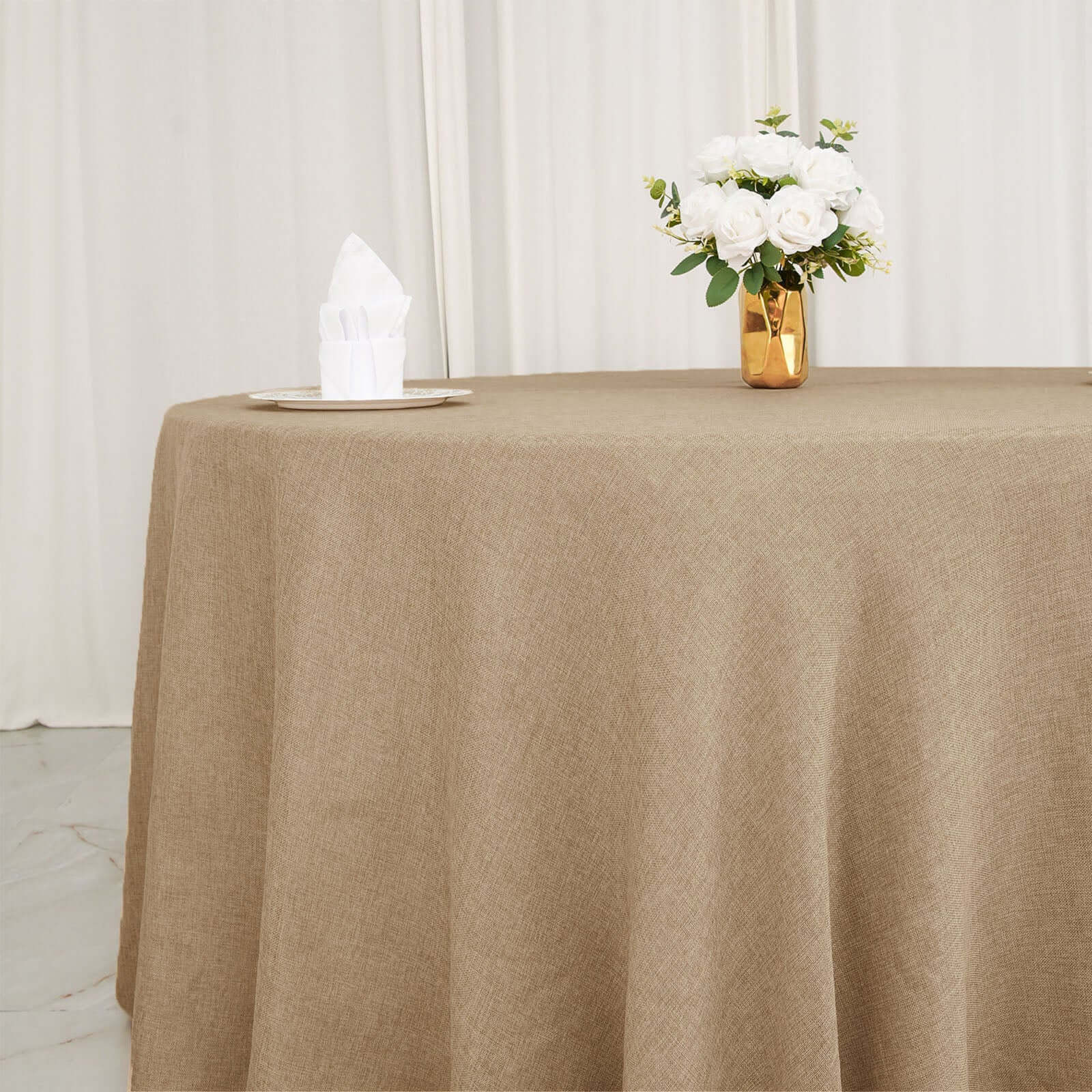 Faux Burlap Jute Round Tablecloth 108" Natural - Rustic Table Linen for Events - Image 6