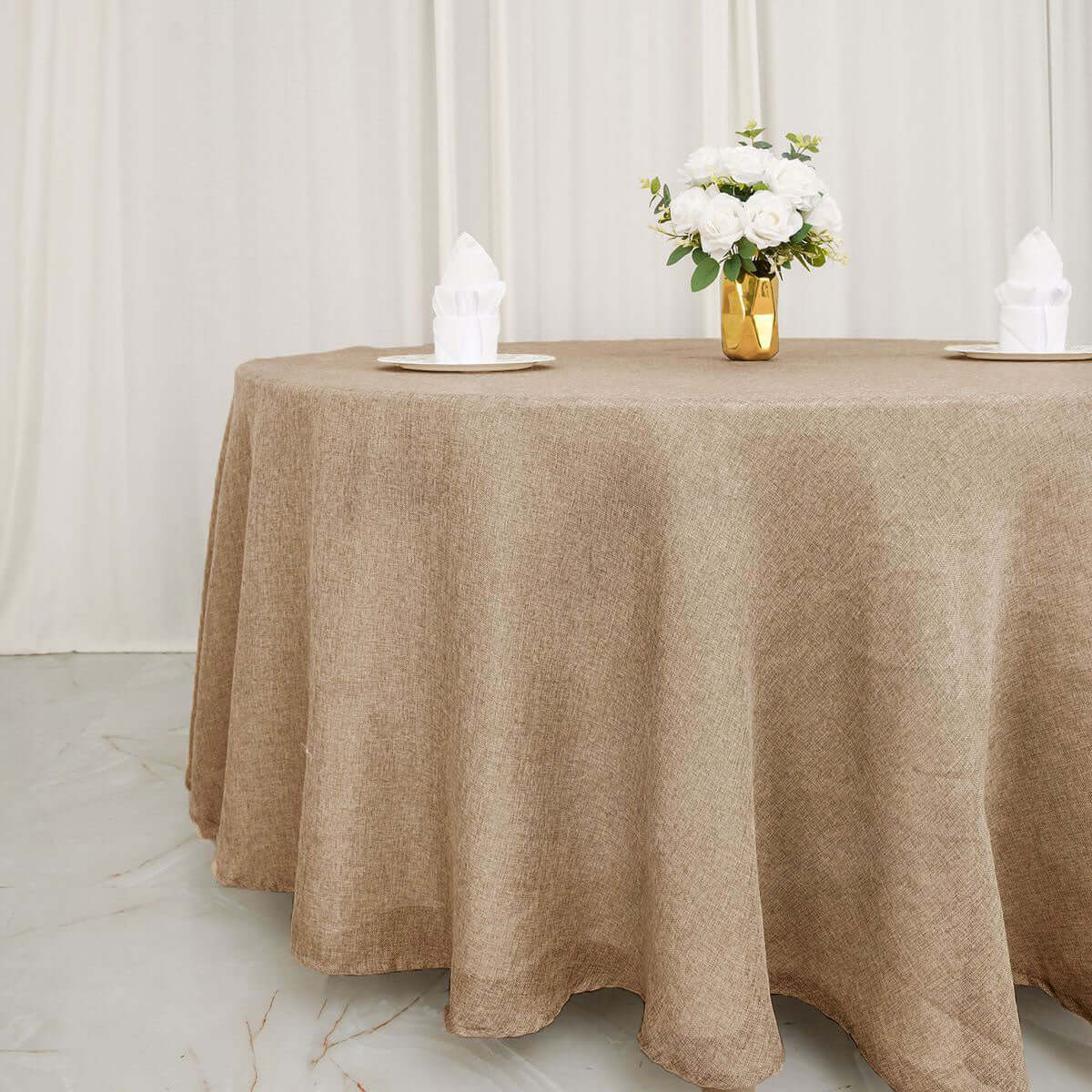 Faux Burlap Jute Round Tablecloth 120" Natural - Rustic Seamless Table Linen for Events - Image 2