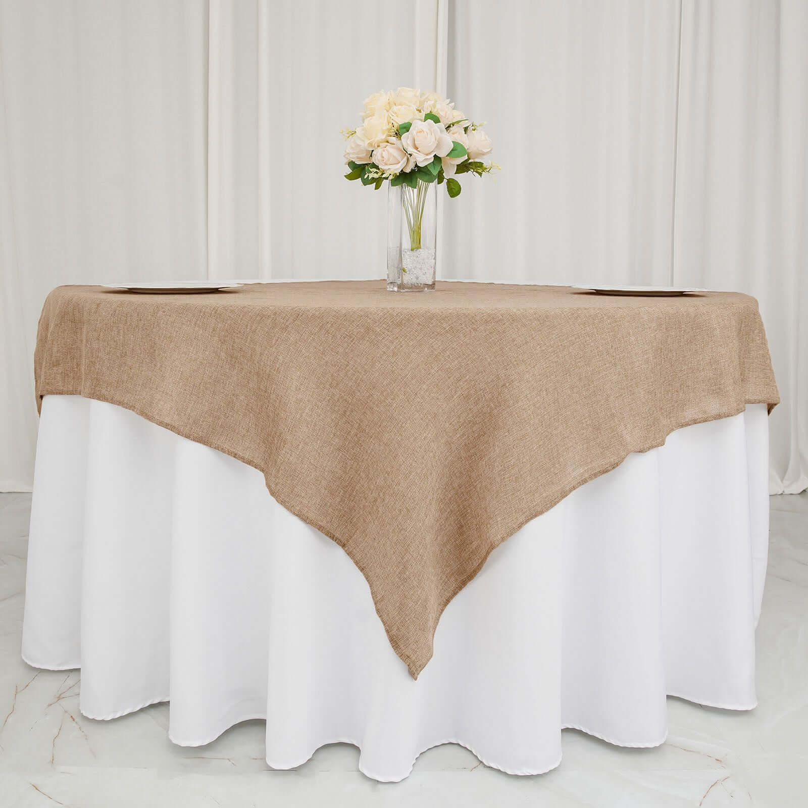 Faux Burlap Jute Square Table Overlay 54"x54" Natural - Rustic Table Topper for Events - Image 5