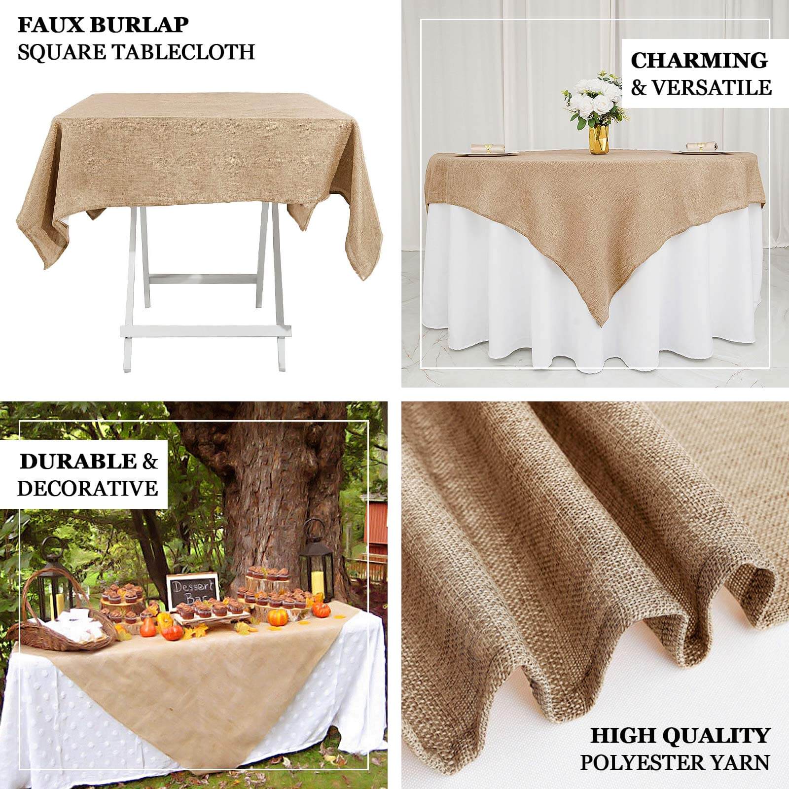Faux Burlap Jute Square Tablecloth 54"x54" Natural - Rustic Table Linen for Events - Image 3