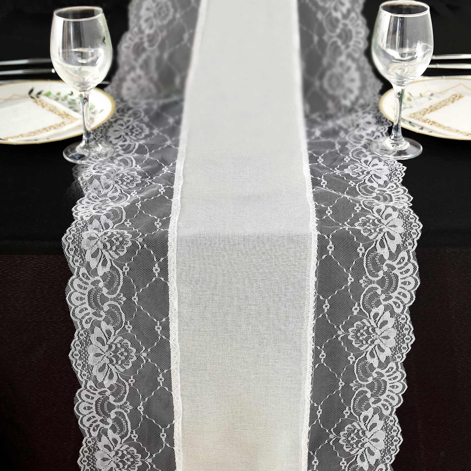Faux Burlap Jute Table Runner 16"x108" Ivory With White Lace Edging - Rustic Farmhouse Tabletop Decor - Image 2