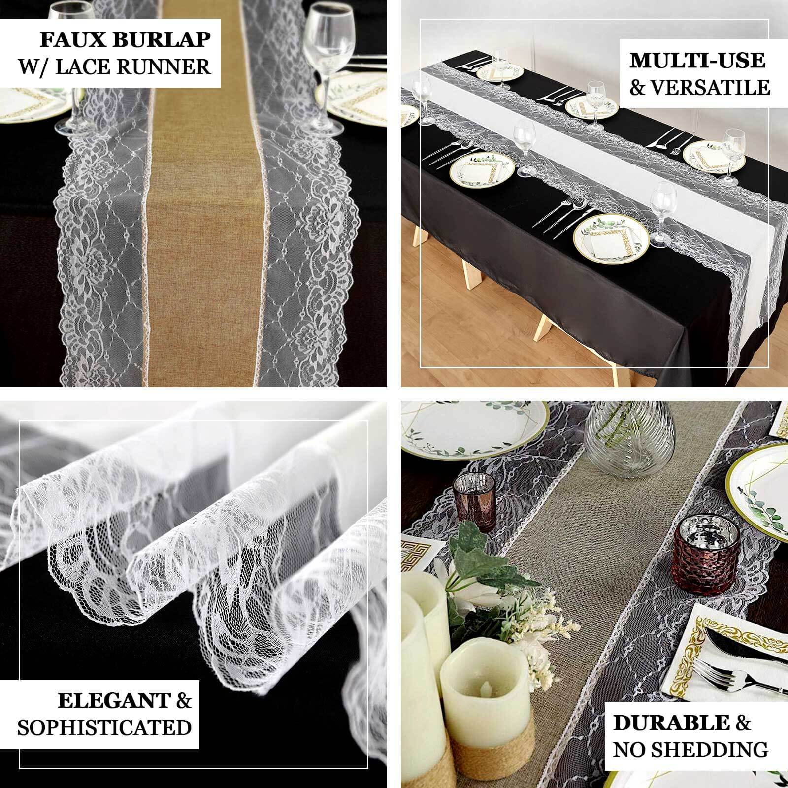 Faux Burlap Jute Table Runner 16"x108" Ivory With White Lace Edging - Rustic Farmhouse Tabletop Decor - Image 3