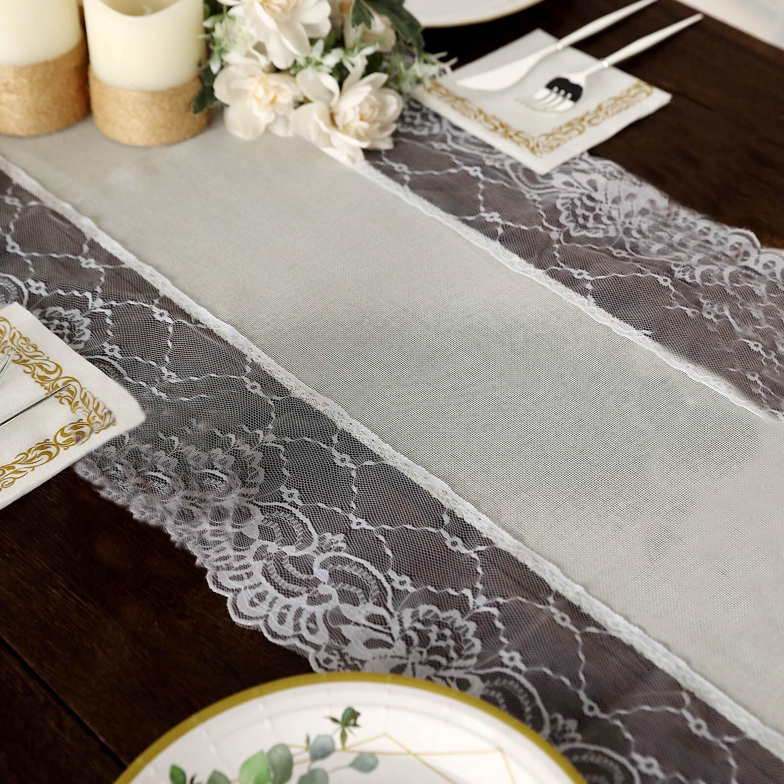 Faux Burlap Jute Table Runner 16"x108" Ivory With White Lace Edging - Rustic Farmhouse Tabletop Decor - Image 5