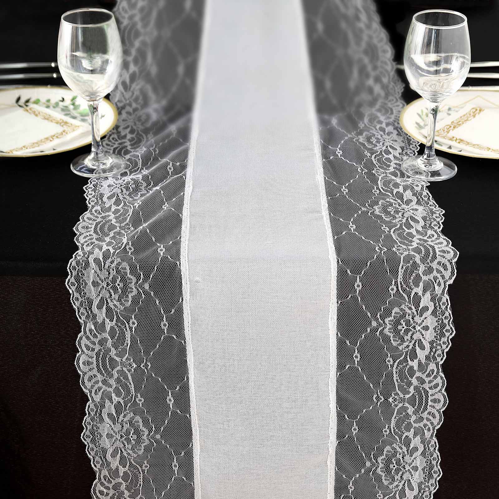 Faux Burlap Jute Table Runner 16"x108" White With Lace Edging - Rustic Farmhouse Tabletop Decor - Image 2