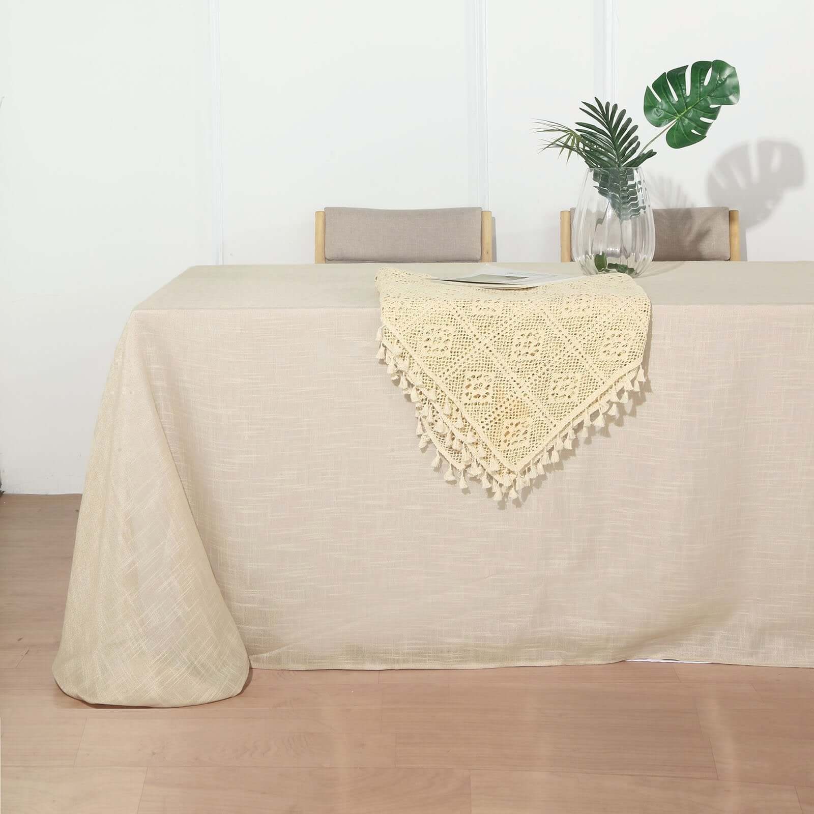 Faux Linen Rectangular Tablecloth 90"x156" Beige with Slubby Textured - Wrinkle Resistant & Seamless Table Cover - Image 3