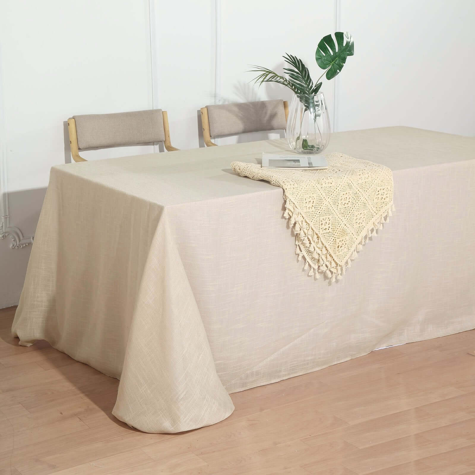 Faux Linen Rectangular Tablecloth 90"x156" Beige with Slubby Textured - Wrinkle Resistant & Seamless Table Cover - Image 7