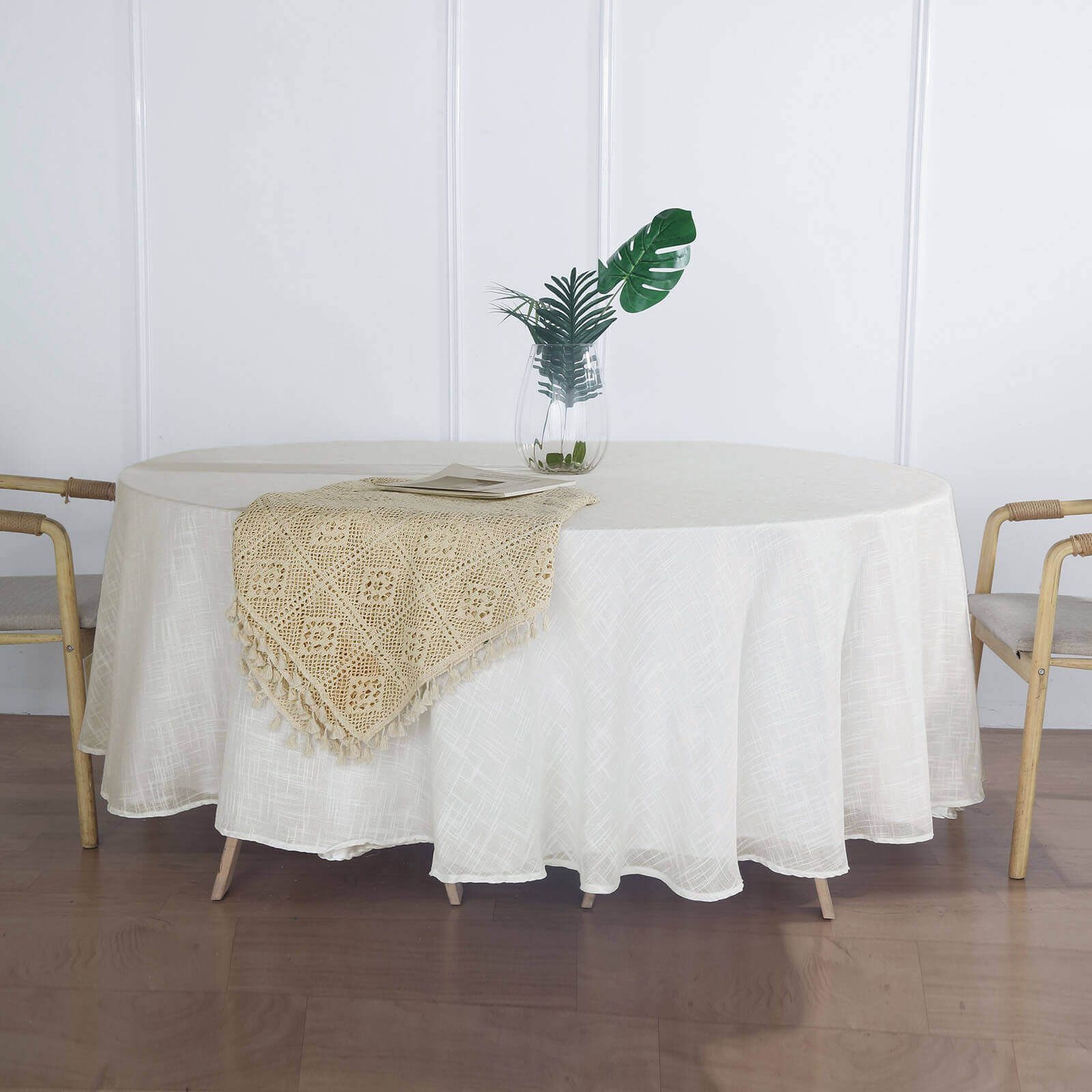 Faux Linen Round Tablecloth 108" White - Slubby Textured & Wrinkle Resistant Table Cover for Weddings and Special Events - Image 5