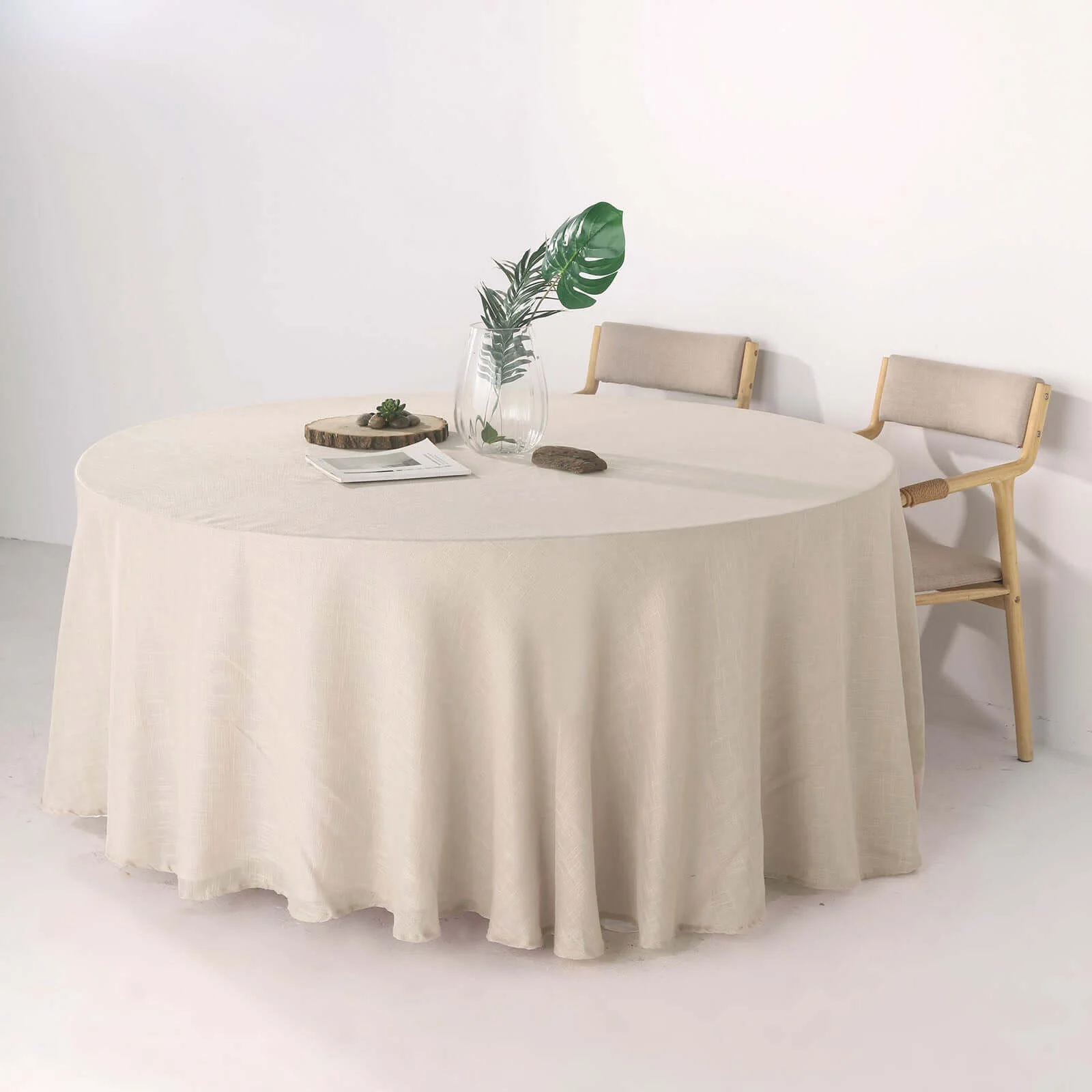 Faux Linen Round Tablecloth 120" Beige with Slubby Textured - Wrinkle Resistant & Seamless Table Cover - Image 3
