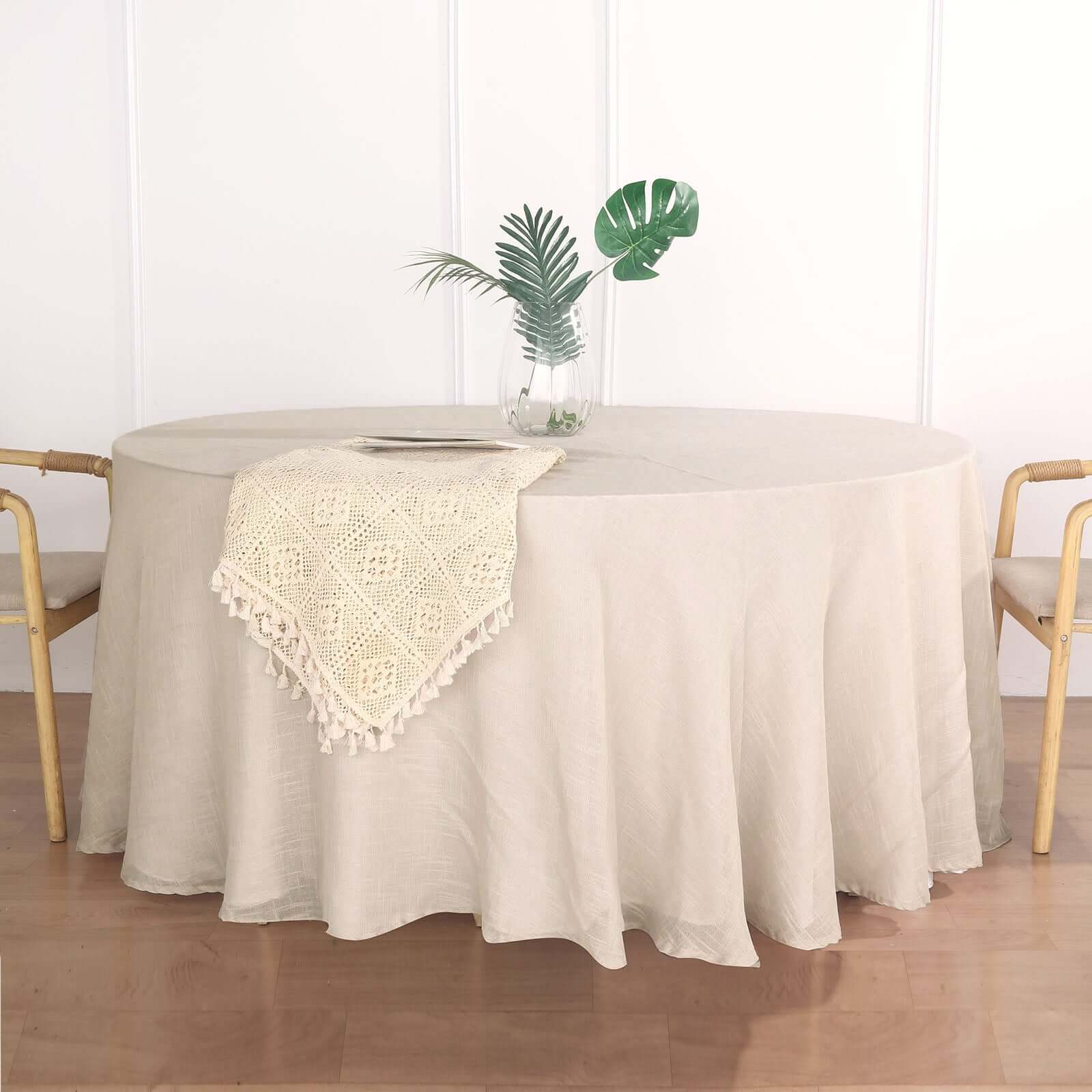 Faux Linen Round Tablecloth 120" Beige with Slubby Textured - Wrinkle Resistant & Seamless Table Cover - Image 6
