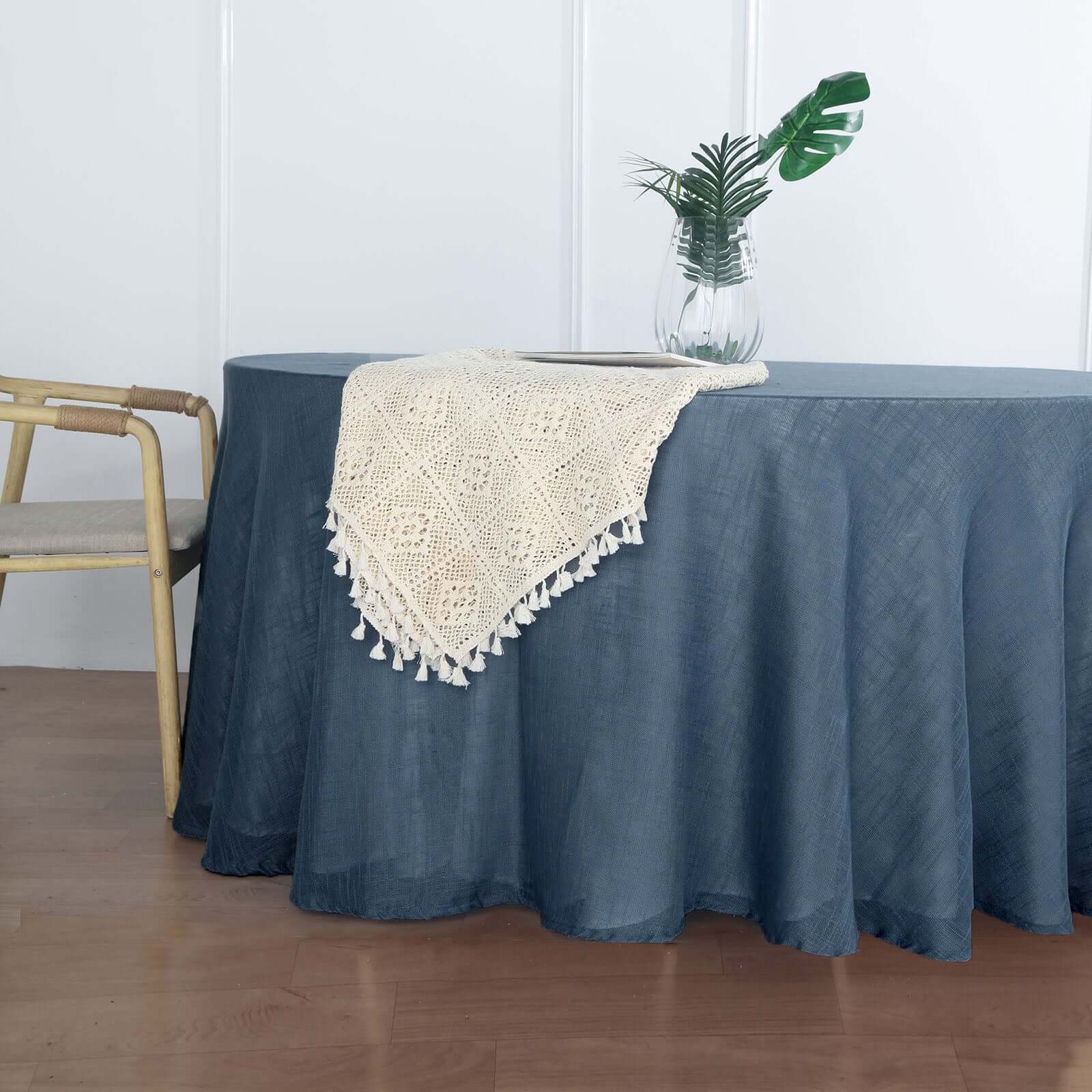 Faux Linen Round Tablecloth 120" Blue with Slubby Textured - Wrinkle Resistant & Seamless Table Cover - Image 6