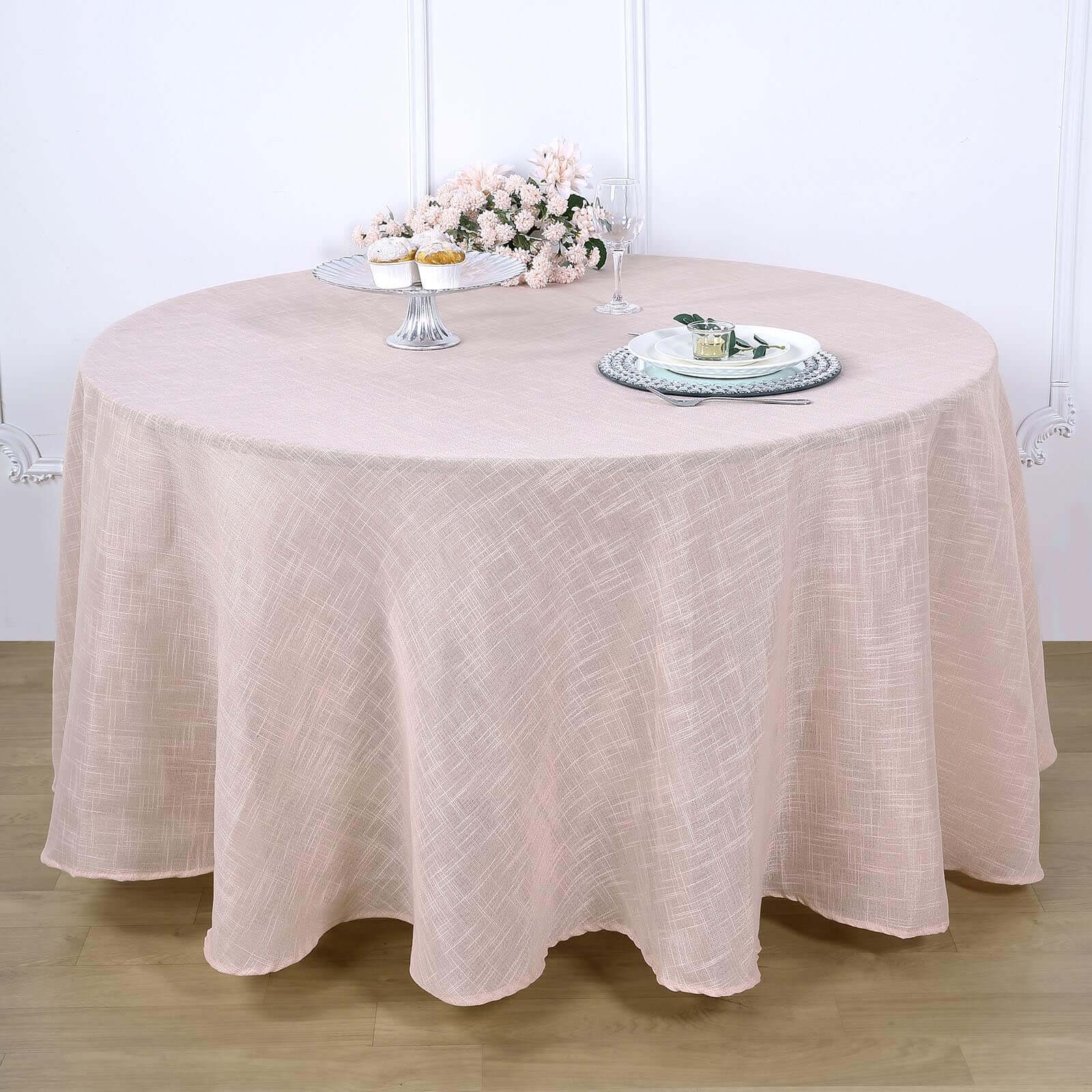 Faux Linen Round Tablecloth 120" Blush with Slubby Textured - Wrinkle Resistant & Seamless Table Cover - Image 2