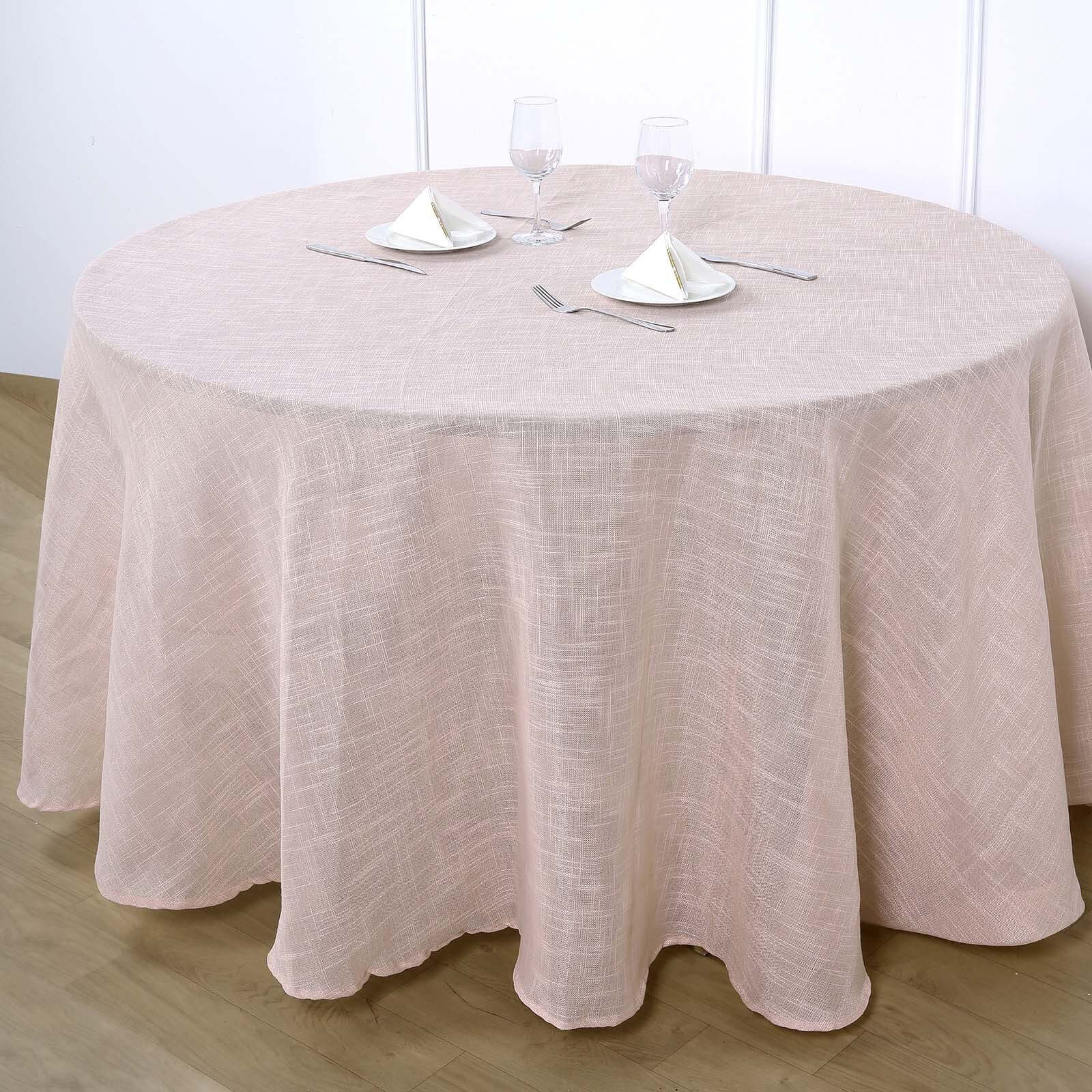 Faux Linen Round Tablecloth 120" Blush with Slubby Textured - Wrinkle Resistant & Seamless Table Cover - Image 5