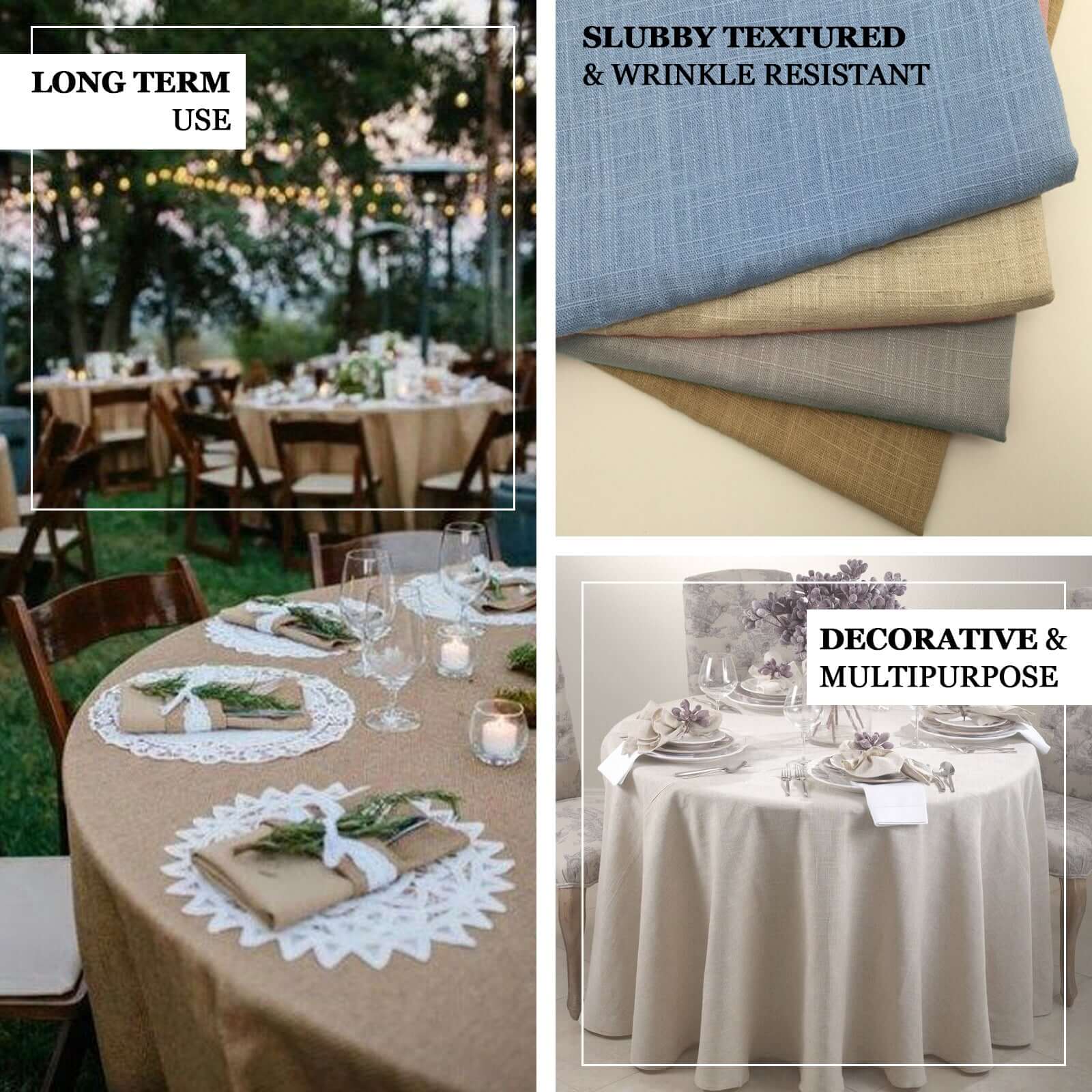 Faux Linen Round Tablecloth 120" Dusty Blue with Slubby Textured - Wrinkle Resistant & Seamless Table Cover - Image 3