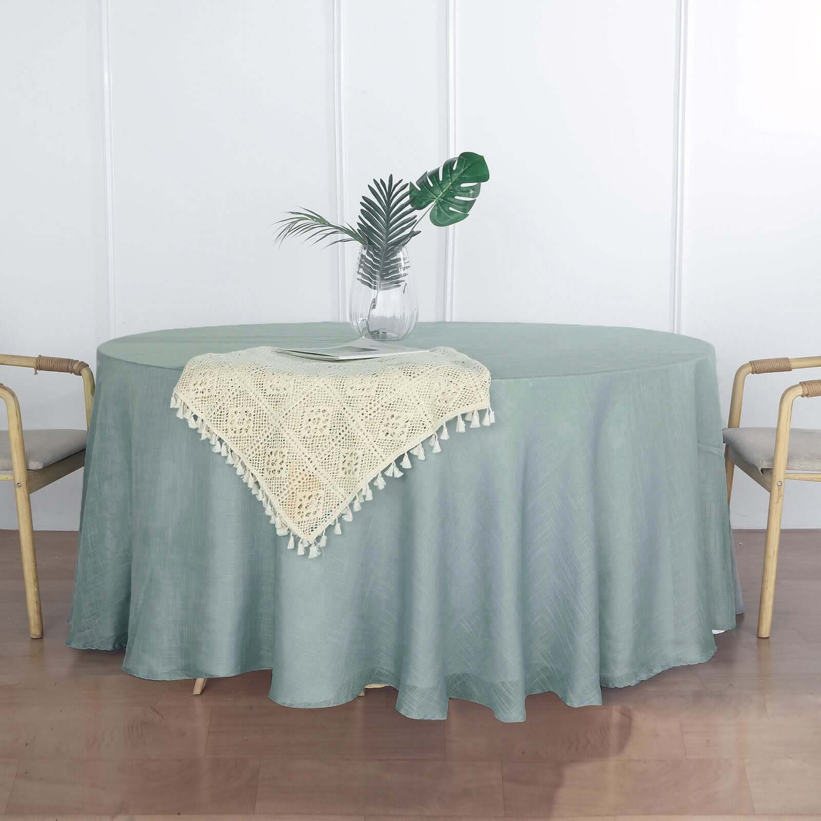 Faux Linen Round Tablecloth 120" Dusty Blue with Slubby Textured - Wrinkle Resistant & Seamless Table Cover - Image 5