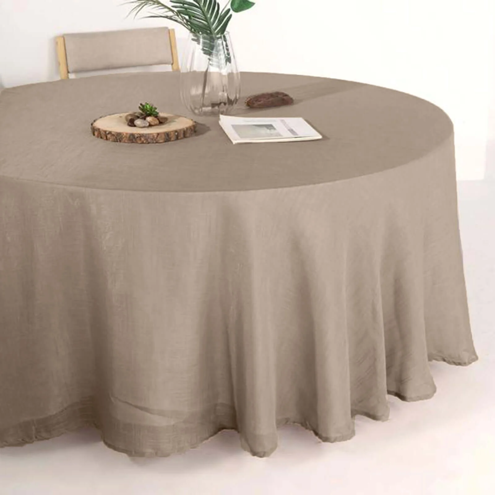 Faux Linen Round Tablecloth 120" Taupe with Slubby Textured - Wrinkle Resistant & Seamless Table Cover - Image 2