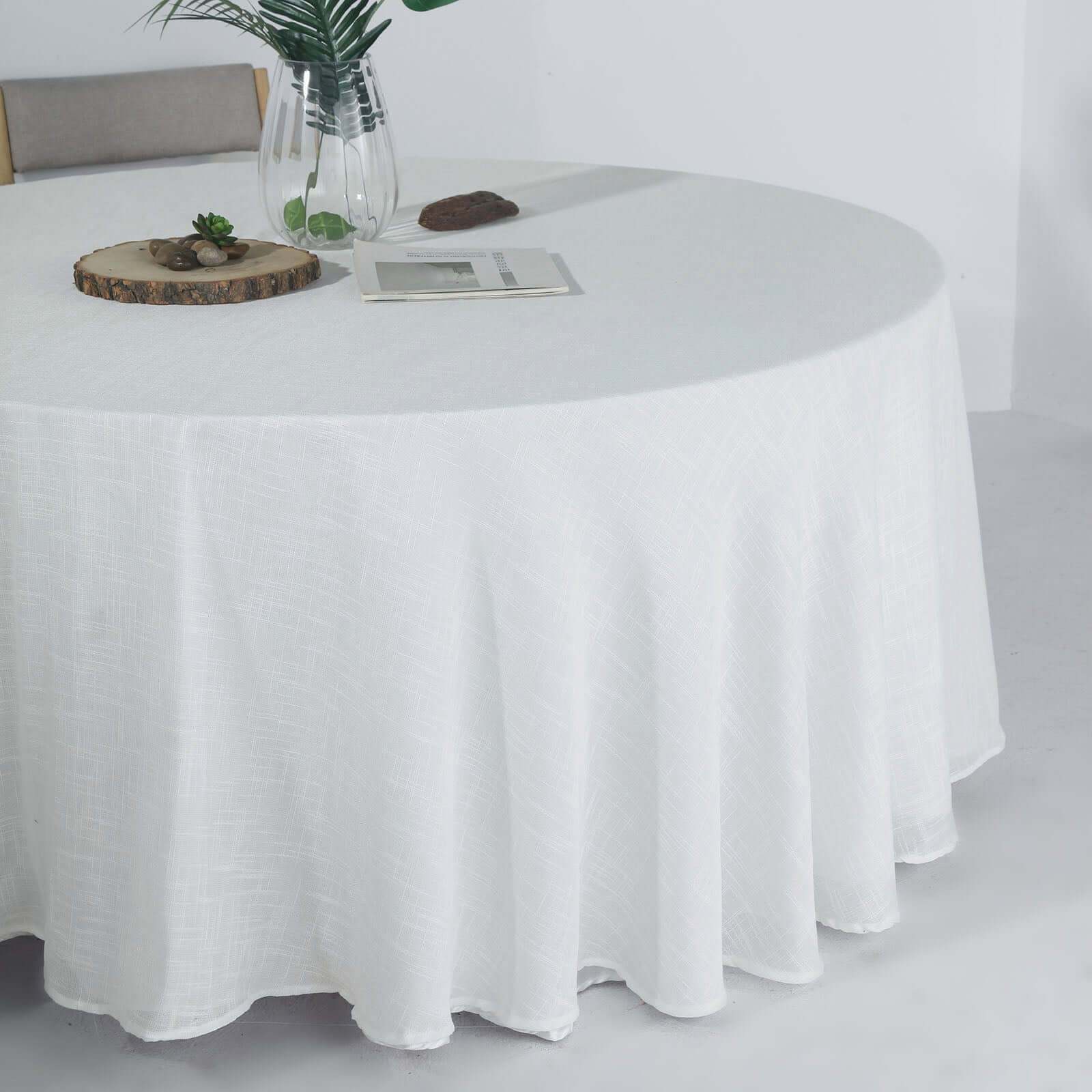 Faux Linen Round Tablecloth 120" White with Slubby Textured - Wrinkle Resistant & Seamless Table Cover for Rustic Events - Image 2