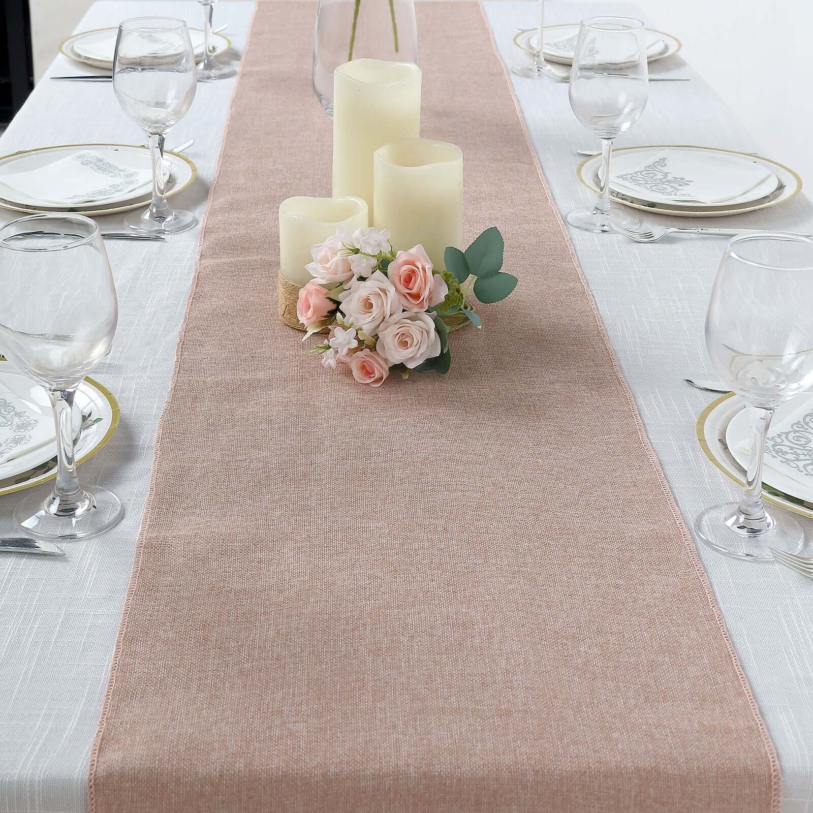 Faux Linen Table Runner 14"x108" Dusty Rose - Boho Chic Rustic Table Decor