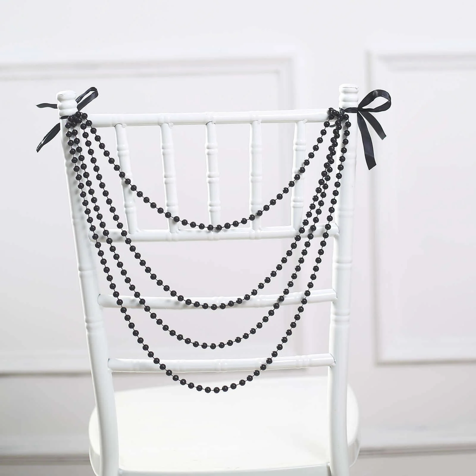 Faux Pearl Beaded Chair Back Garland Sash 16" Black Gatsby-Inspired Design - Pre-Tied Pearl String for Chiavari Chairs