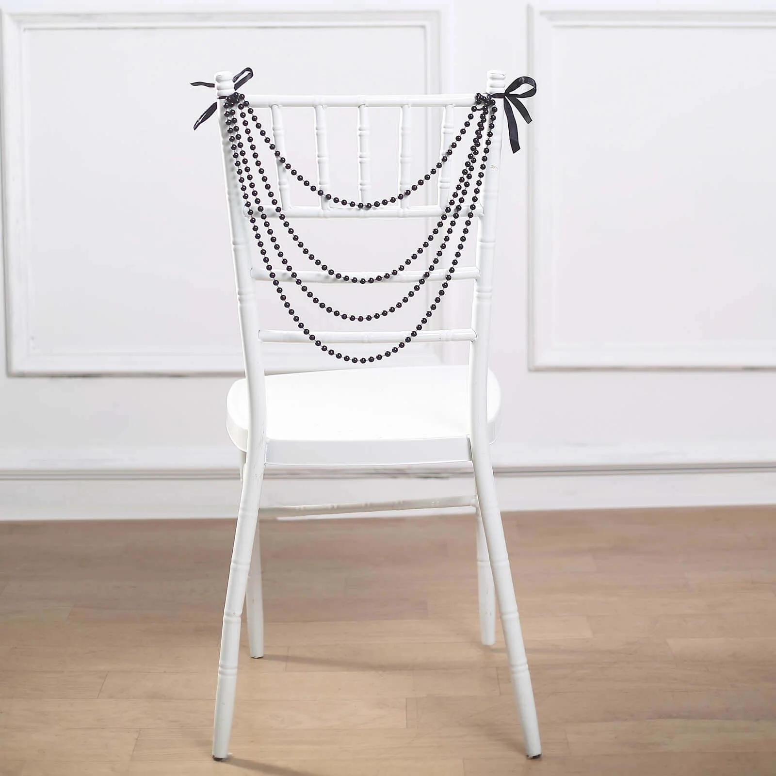 Faux Pearl Beaded Chair Back Garland Sash 16" Black Gatsby-Inspired Design - Pre-Tied Pearl String for Chiavari Chairs - Image 7