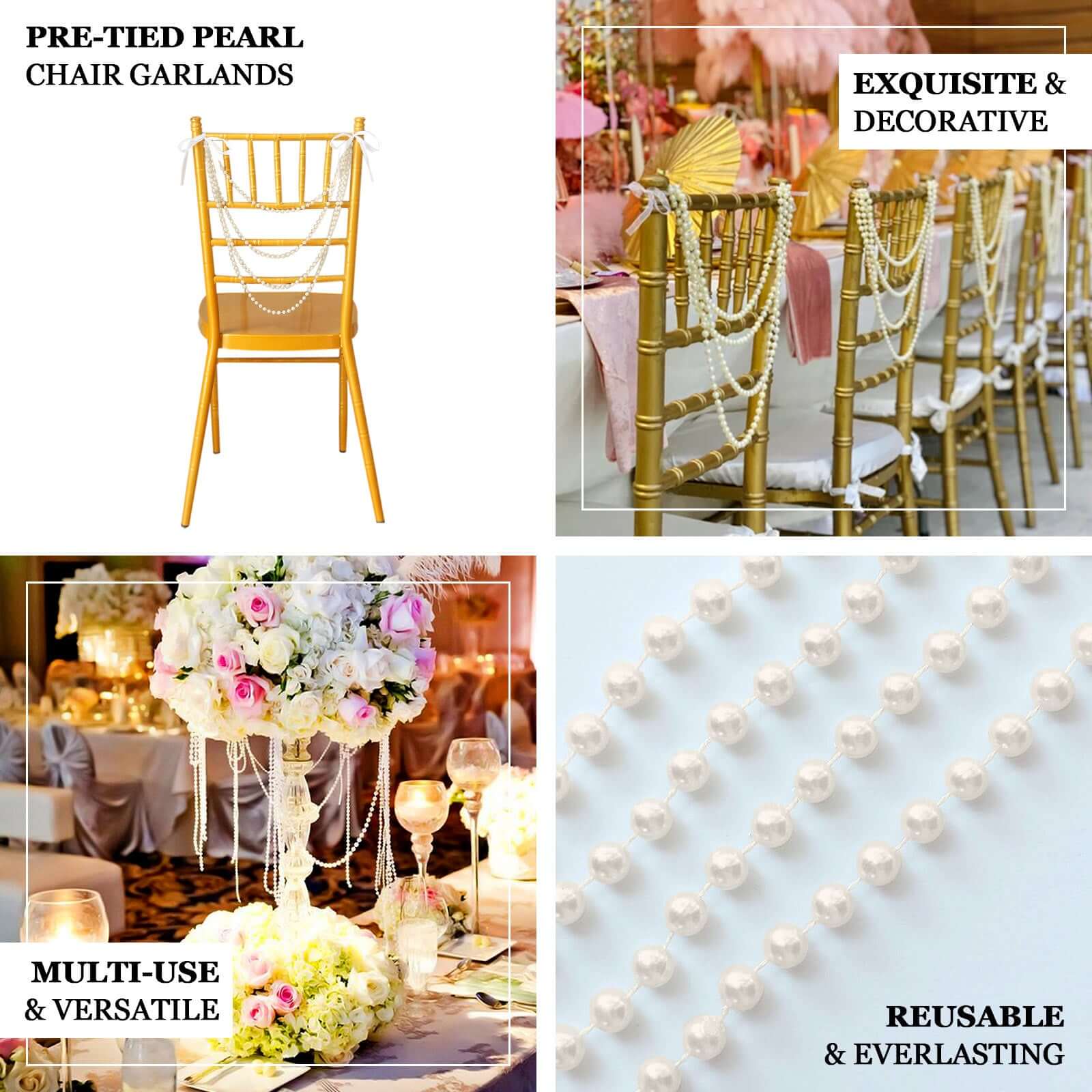 Faux Pearl Beaded Chair Back Garland Sash 16" Gold Gatsby-Inspired Design - Pre-Tied Pearl String for Chiavari Chairs - Image 3