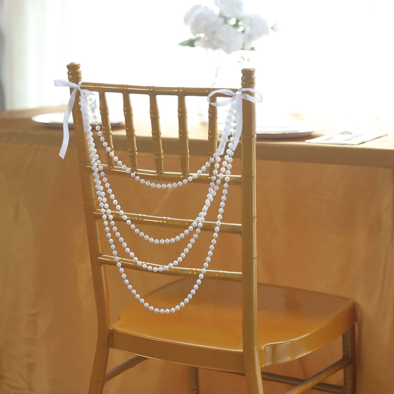 Faux Pearl Beaded Chair Back Garland Sash 16" White Gatsby-Inspired Design - Pre-Tied Pearl String for Chiavari Chairs - Image 4