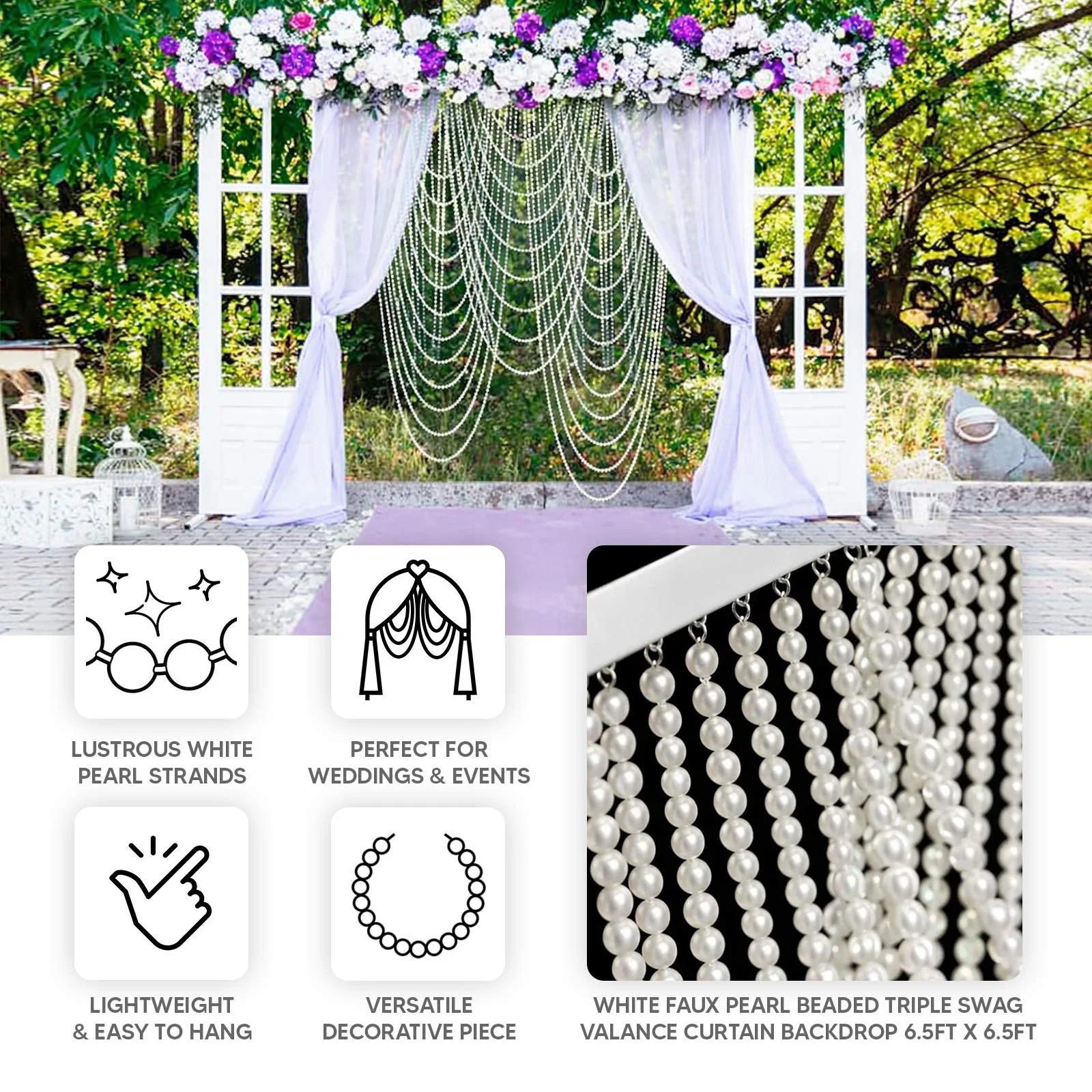 White Faux Pearl Beaded Curtain – Triple Swag Valance Backdrop for Doorway, Arch or Wall Décor, 6.5ft x 6.5ft - Image 4