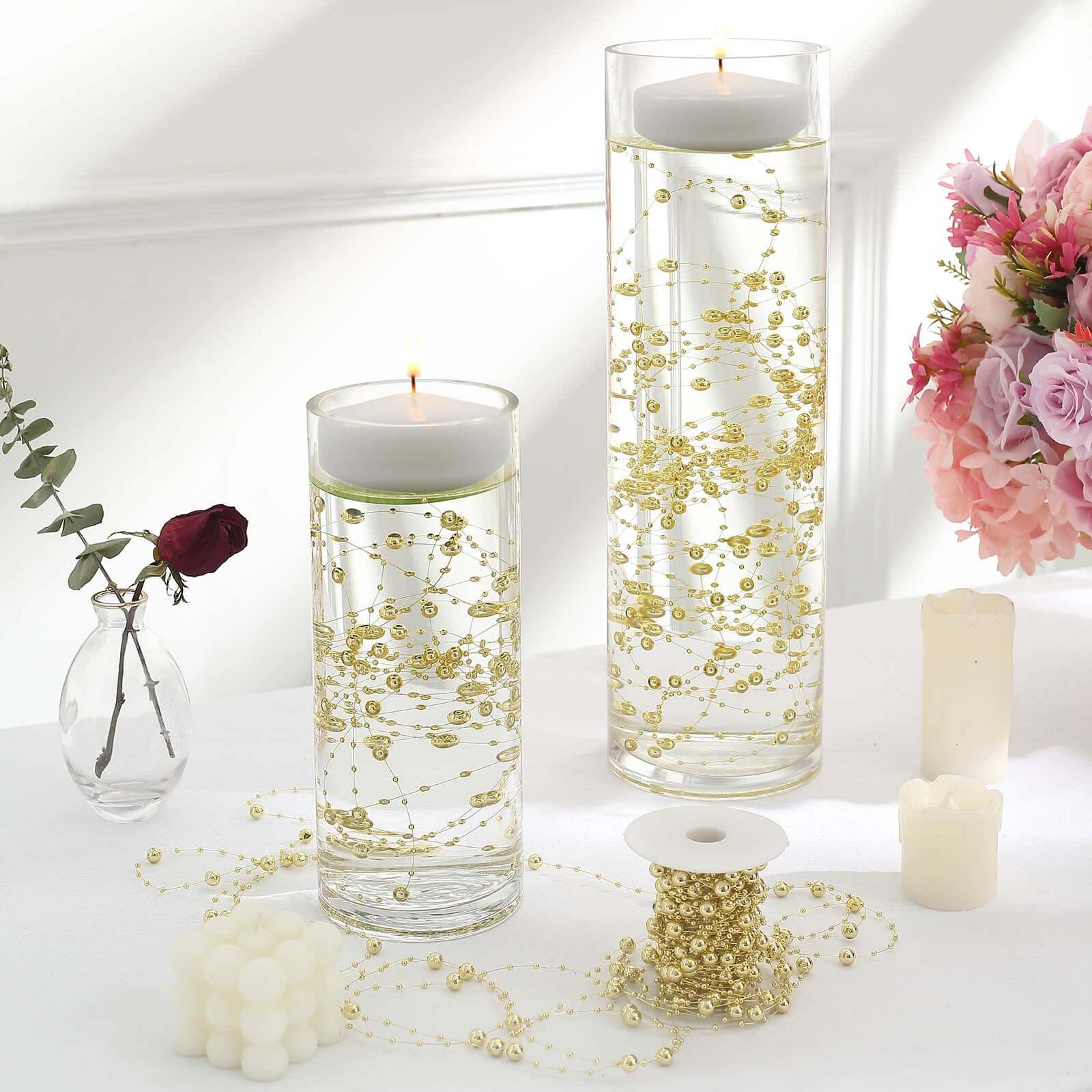 Faux Pearl String Beads Vase Filler, Gold DIY Craft Fishing Line Pearl Chains 100ft