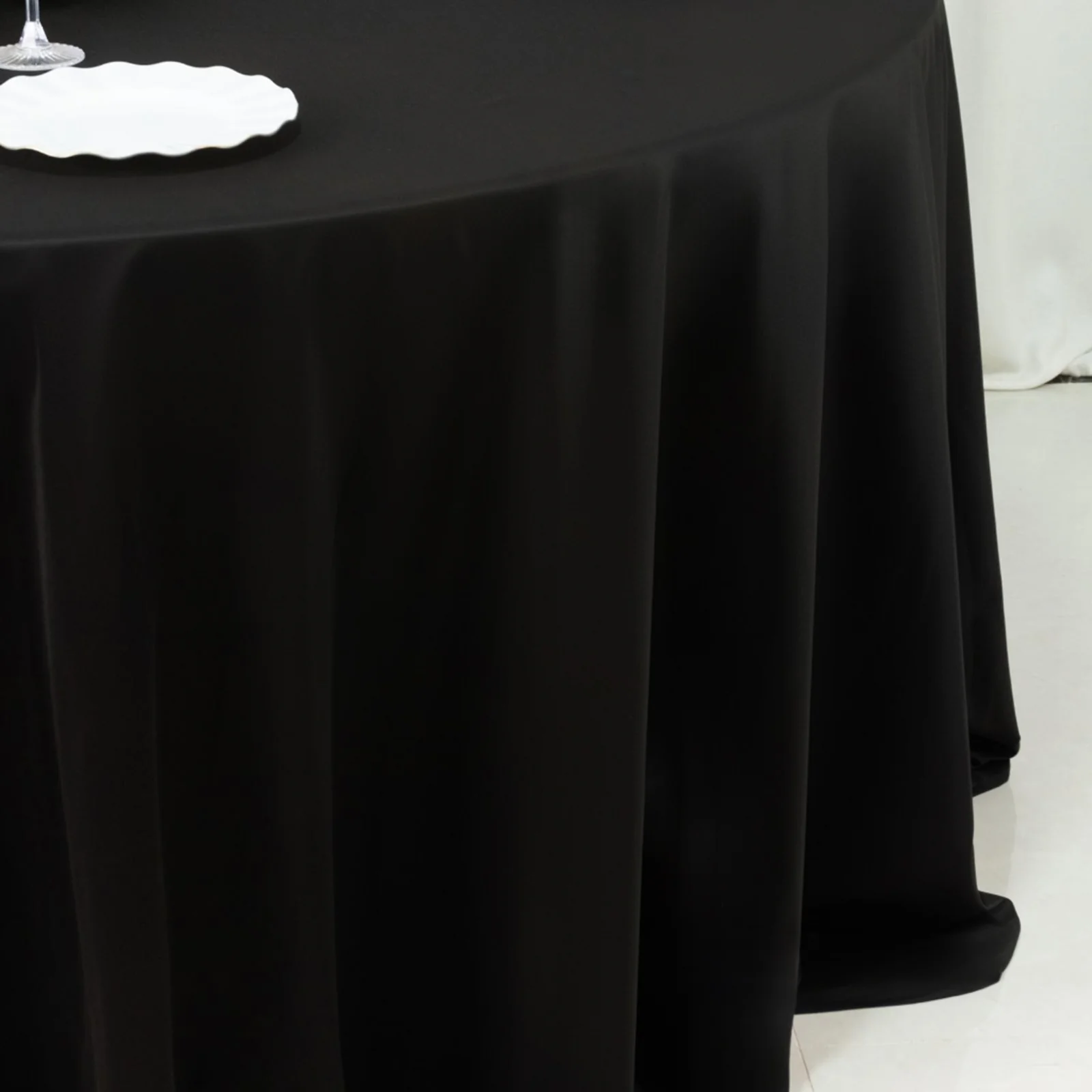 Fire Retardant 120" Round Scuba Polyester Tablecloth – Black, Wrinkle Free, Stain Resistant, Seamless Table Cover - Image 9