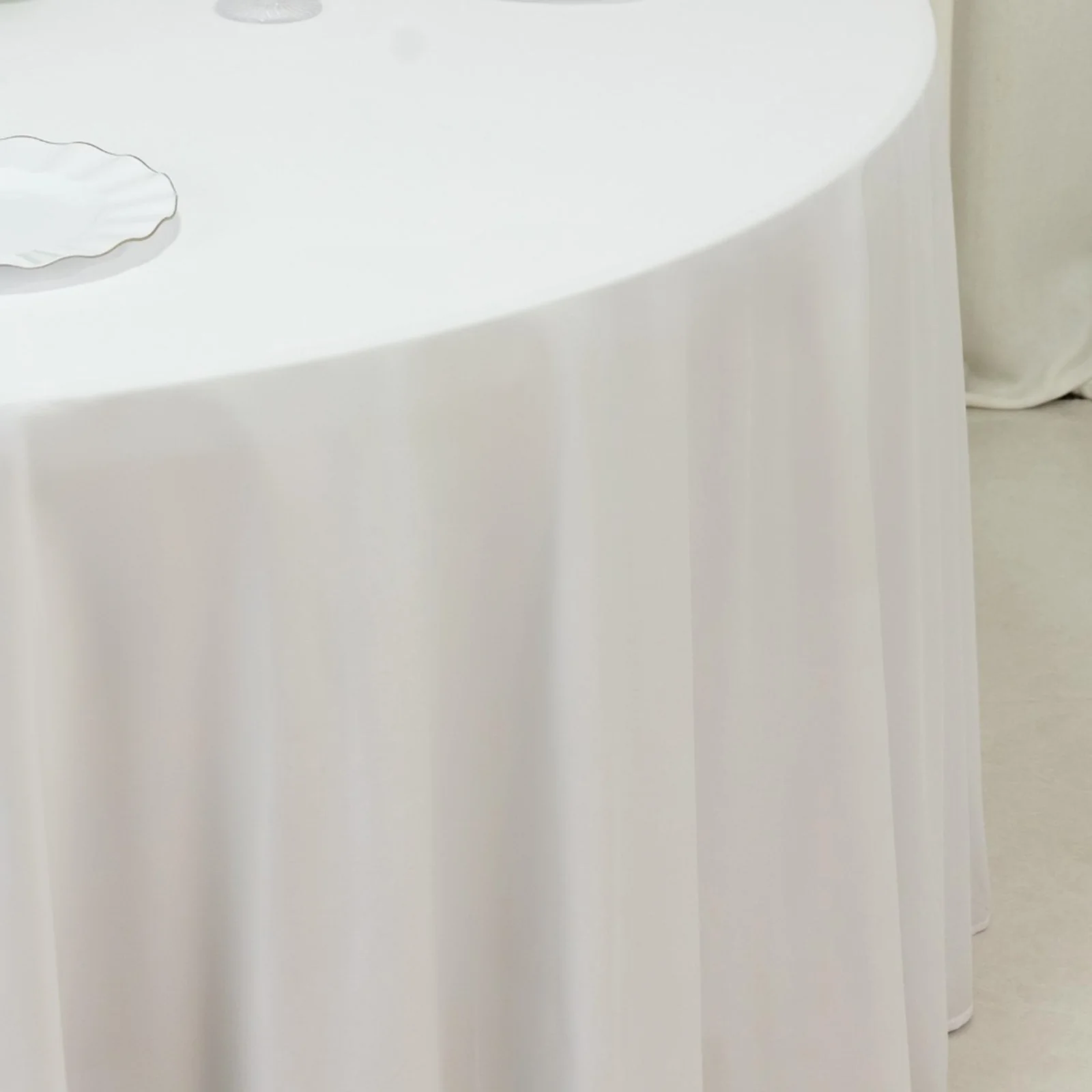 Fire Retardant 120" Round Scuba Polyester Tablecloth – White, Wrinkle Free, Stain Resistant, Seamless Table Cover - Image 9