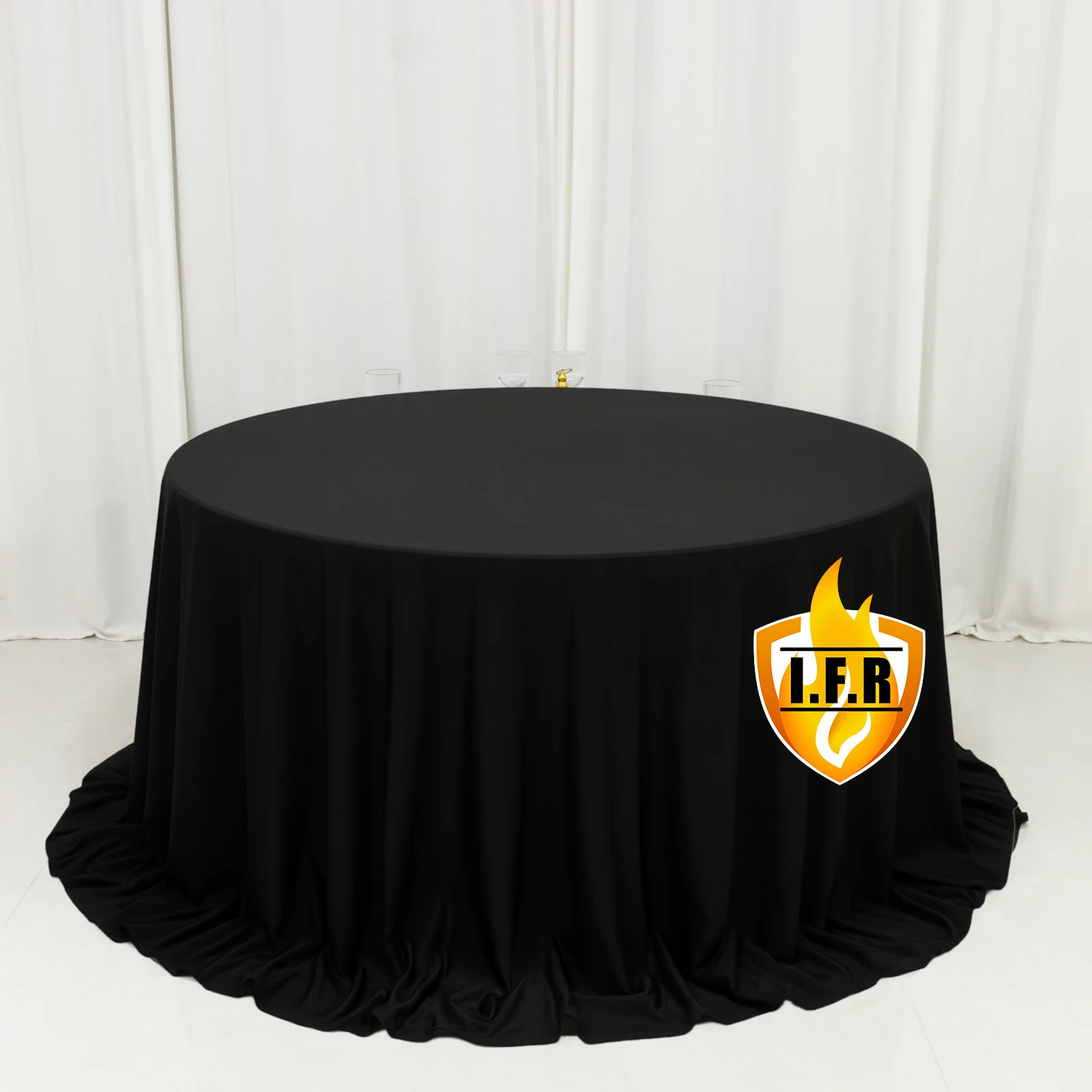 Fire Retardant 132" Round Scuba Polyester Tablecloth – Black, Wrinkle Free, Stain Resistant, Seamless Table Cover