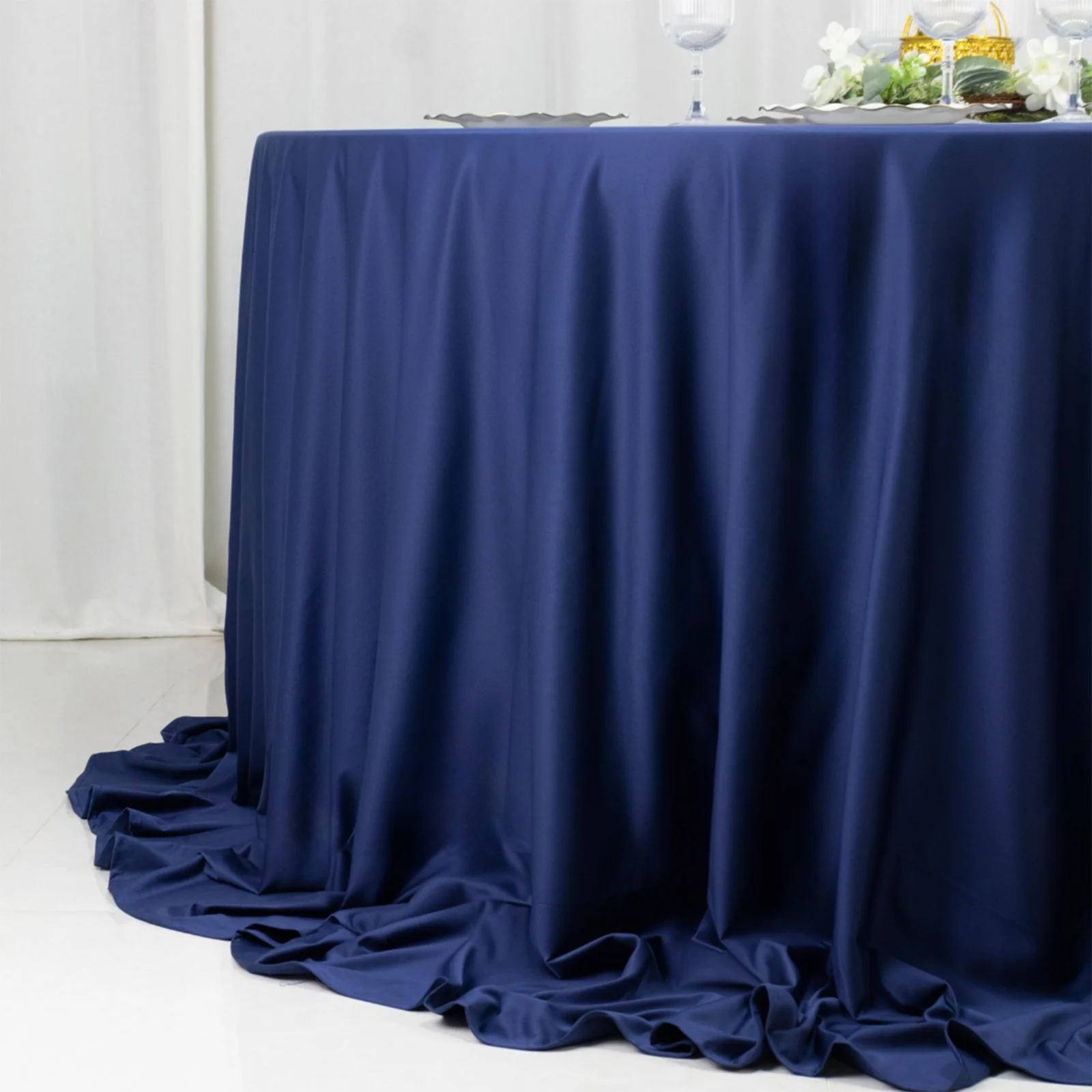 Fire Retardant 132" Round Scuba Polyester Tablecloth – Navy Blue, Wrinkle Free, Stain Resistant, Seamless Table Cover - Image 9