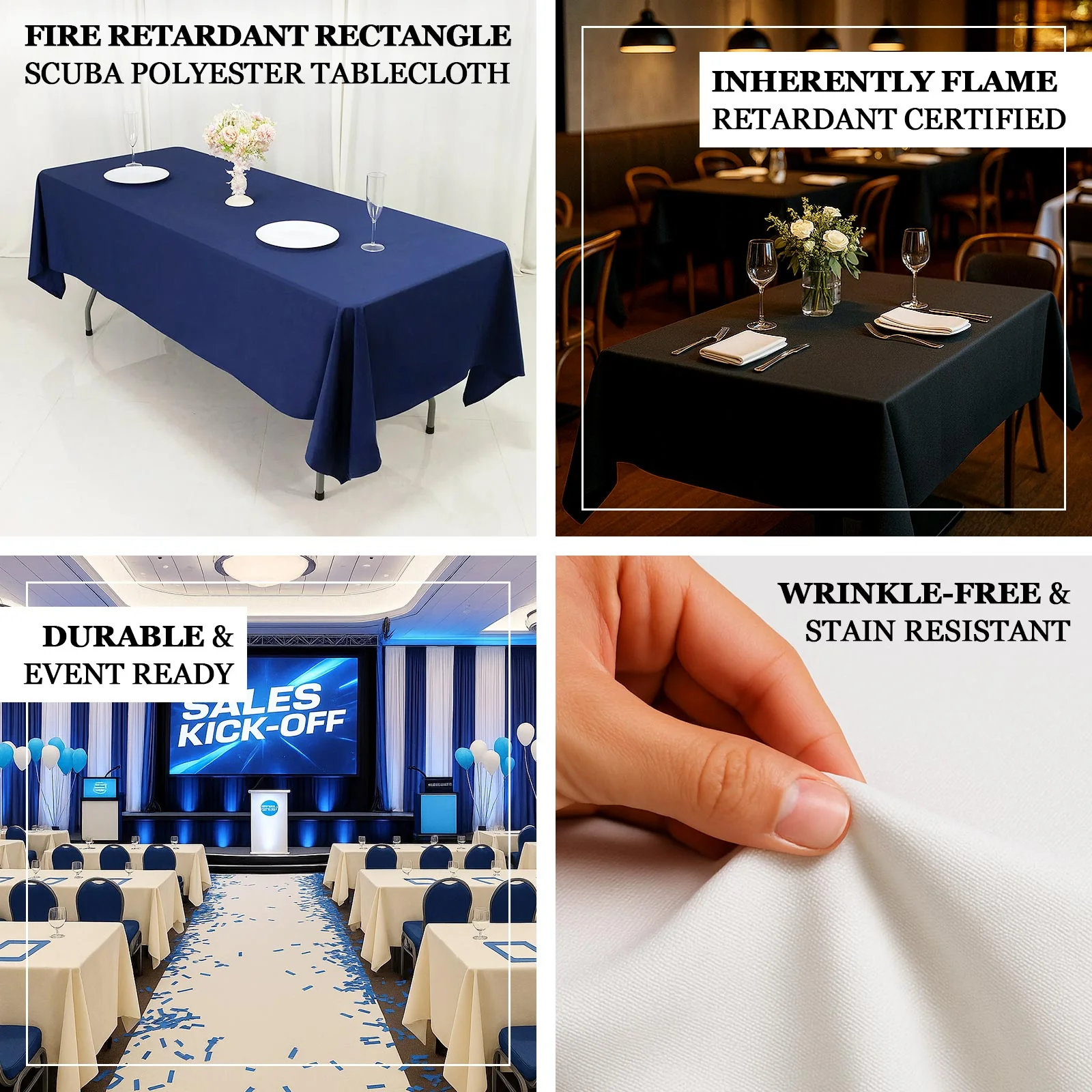Fire Retardant 60"x126" Rectangle Scuba Polyester Tablecloth – Ivory, Wrinkle Free, Stain Resistant Table Cover - Image 4