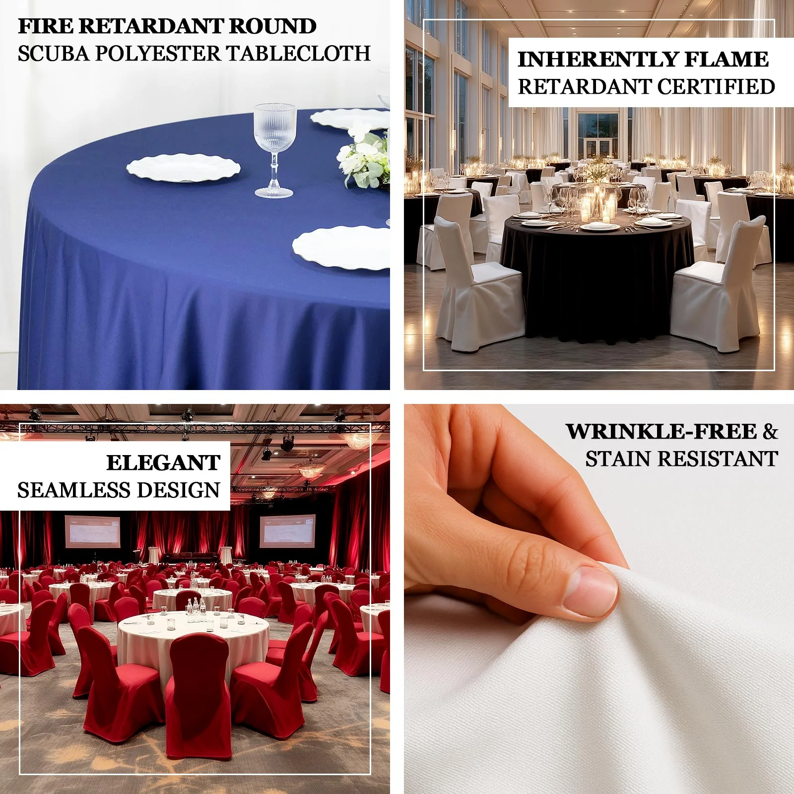 Fire Retardant 90" Round Scuba Polyester Tablecloth – Black, Wrinkle Free, Stain Resistant Table Cover - Image 4