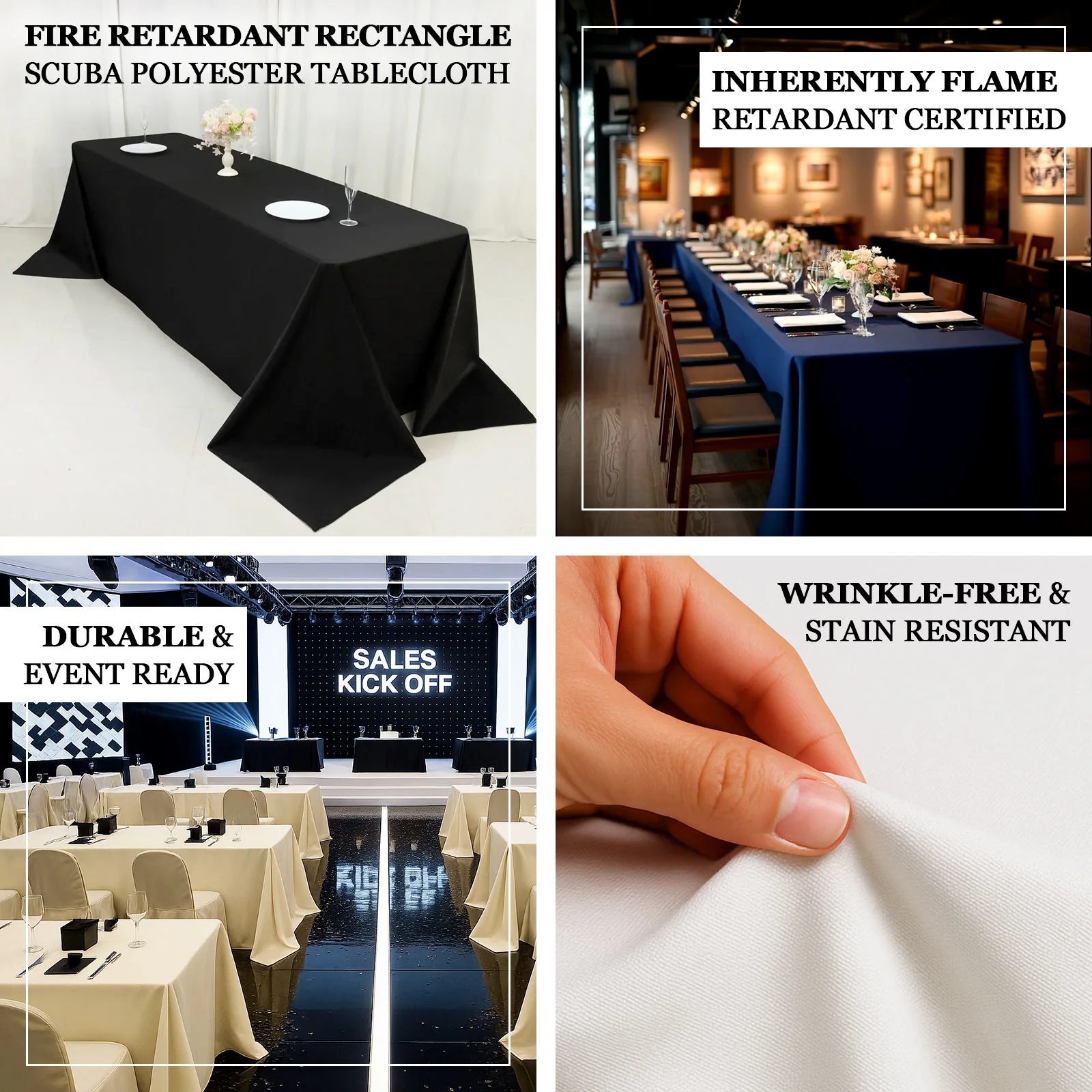Fire Retardant 90"x132" Rectangle Scuba Polyester Tablecloth – White, Wrinkle Free, Stain Resistant, Seamless Table Cover - Image 4