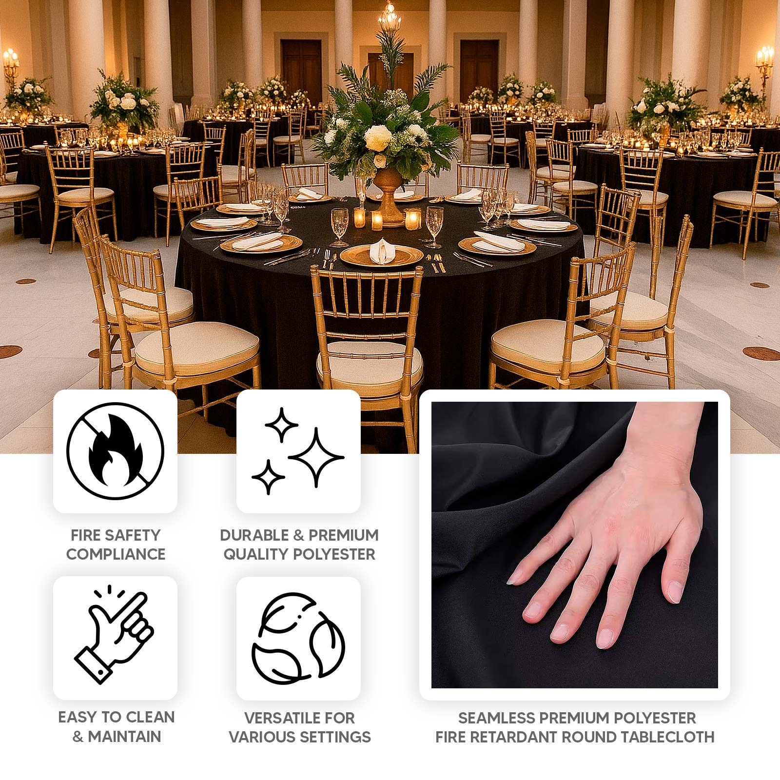 Fire Retardant Premium Polyester Round Tablecloth 132" Black - Safe, Durable & Seamless Table Cover - Image 4