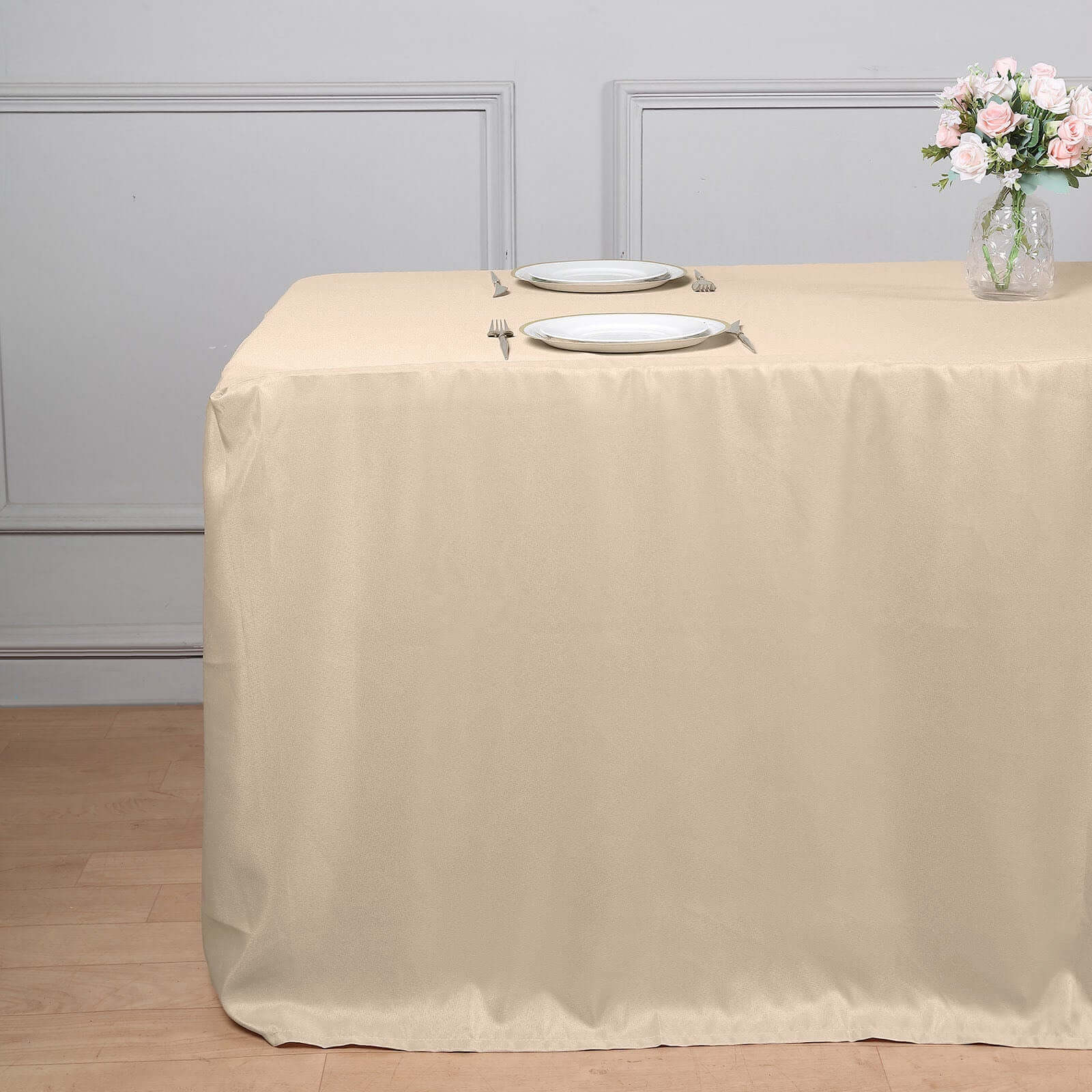 Fitted Polyester Rectangle Tablecloth 96"x30" Nude - Snug Fit for Large Tables - Image 2