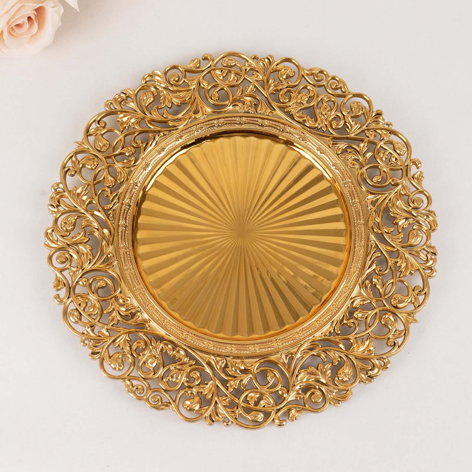 6-Pack Acrylic Charger Plates 13" Round Gold with Vintage Floral Carved Rim - Event Tabletop Decorative Charger Tableware