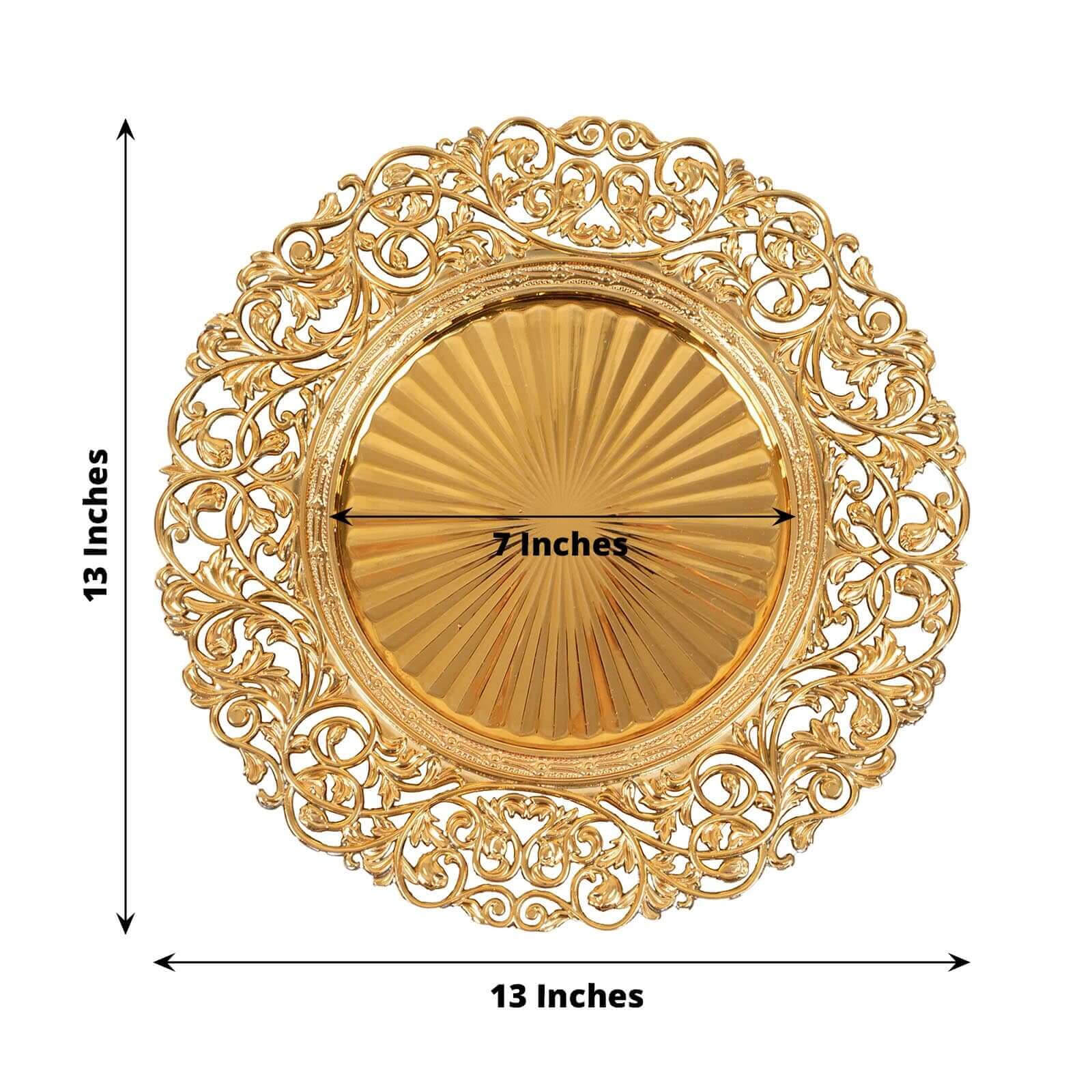 6-Pack Acrylic Charger Plates 13" Round Gold with Vintage Floral Carved Rim - Event Tabletop Decorative Charger Tableware - Image 3