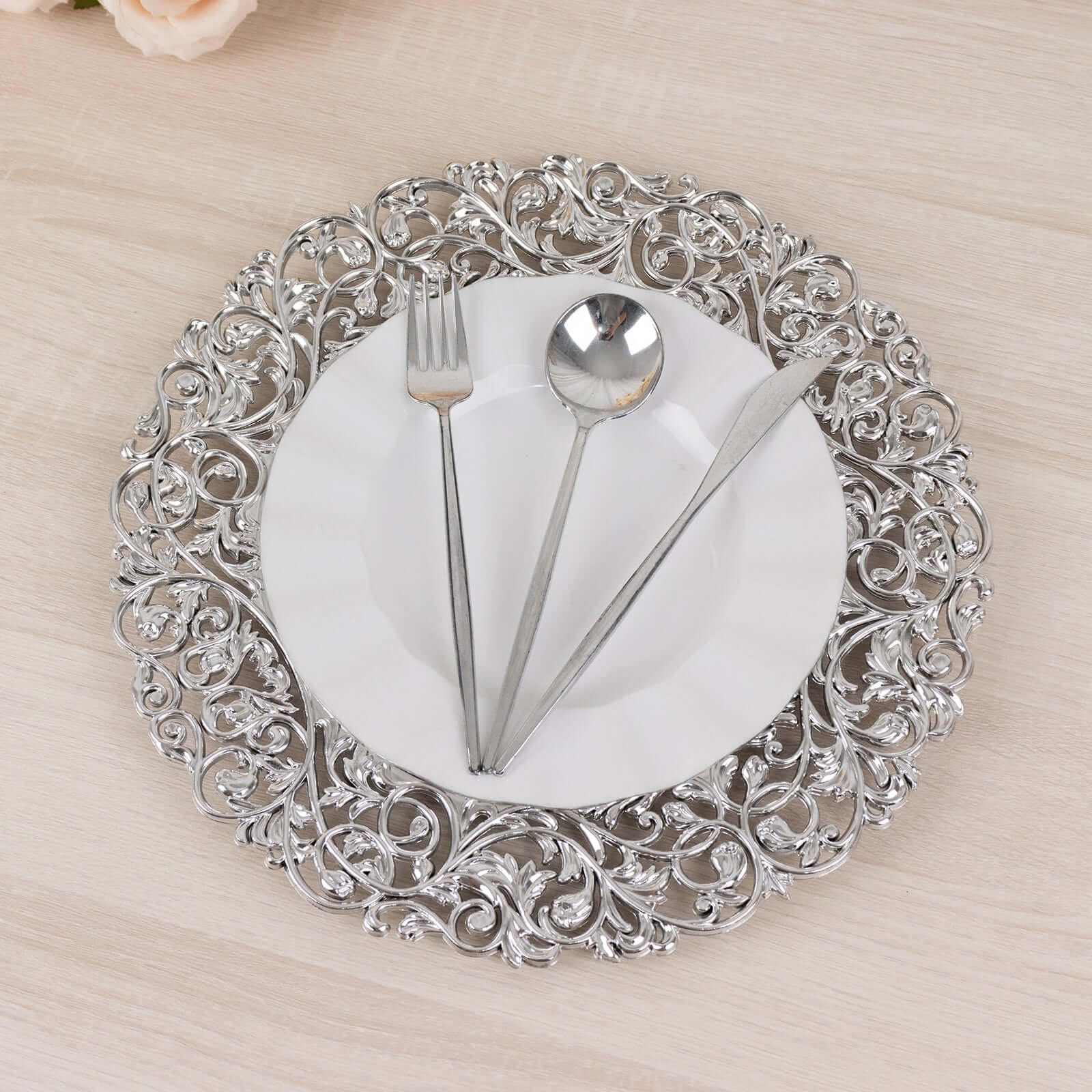 6-Pack Acrylic Charger Plates 13" Round Silver with Vintage Floral Carved Rim - Event Tabletop Decorative Charger Tableware - Image 2