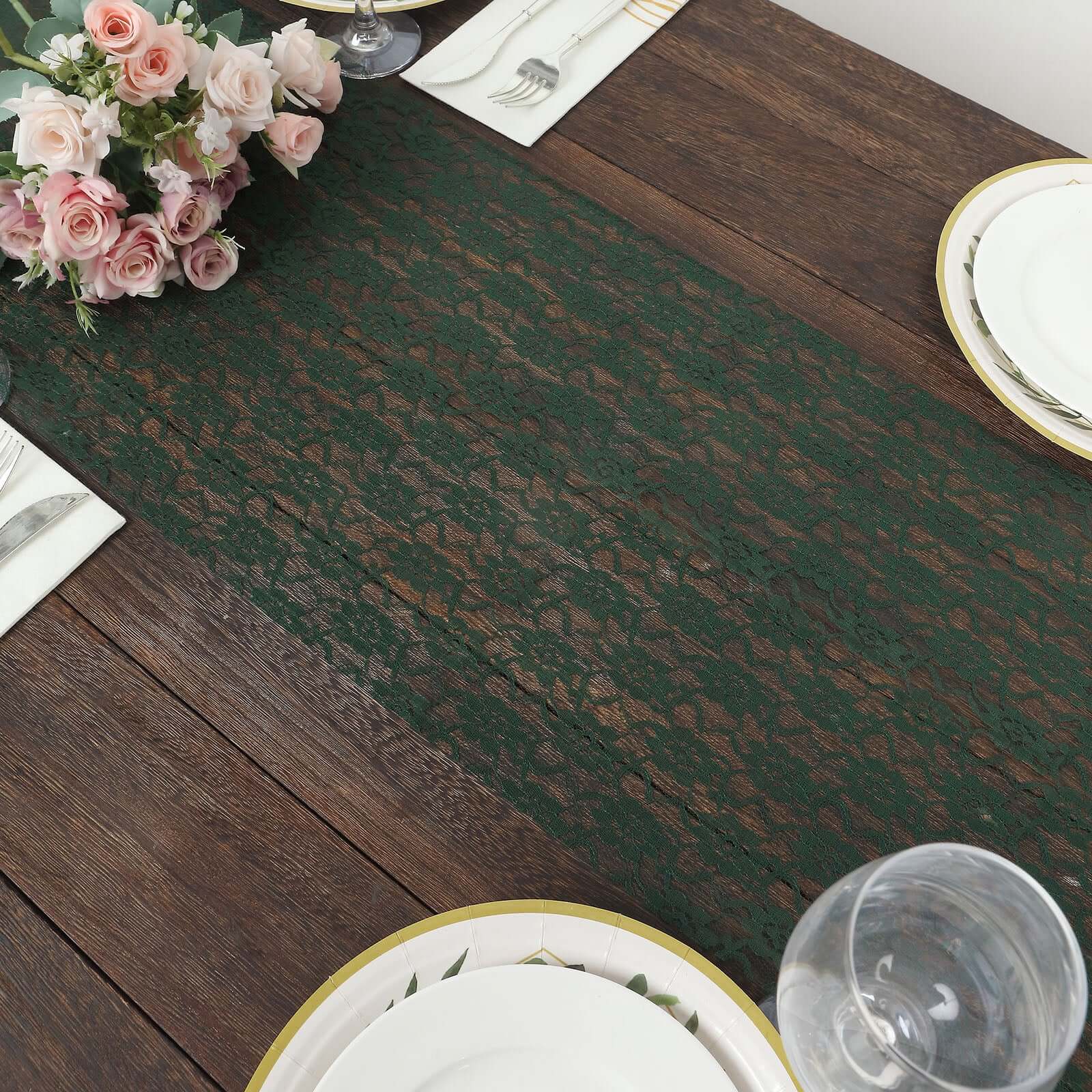 Floral Lace Table Runner 12"x108" Hunter Emerald Green - Delicate and Ornate Table Decor - Image 2